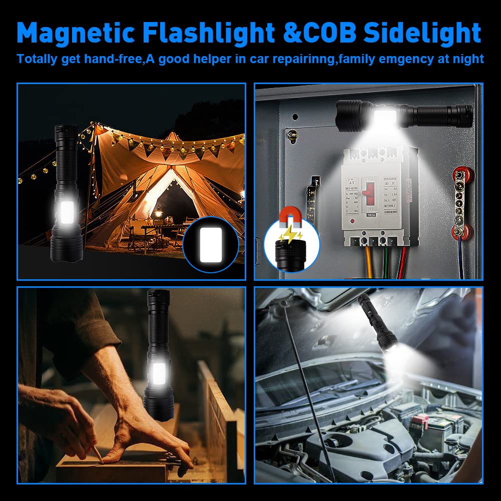 Abnaok Magnetic Rechargeable Led Flashlights, 90000 High Lumens Flashlight, 300W White Led Utility Flashlight With Cob Work Light, Zoomable, 7 Modes, Waterproof Flashlights For Emergencies, Camping