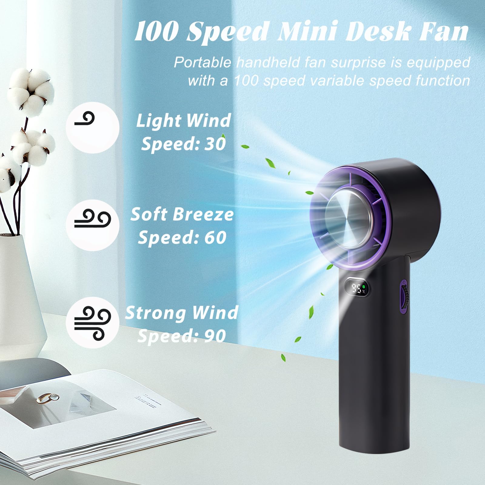 Portable Handheld Fan, 100 Speed Mini Cooling Desk Fan, Quiet Handheld Fan With Digital Display, Usb