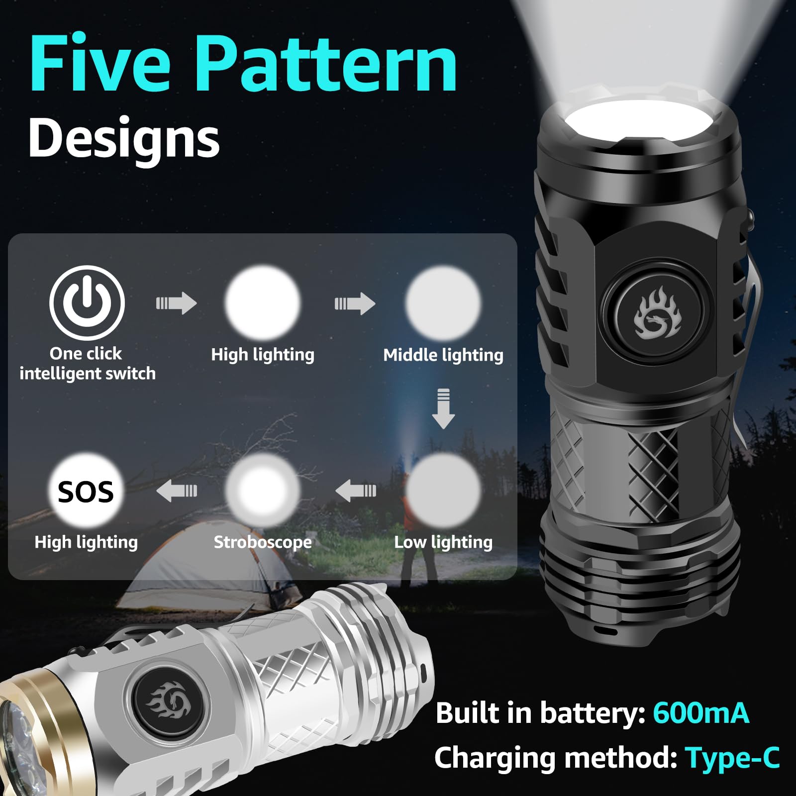 Nemtmcua 2Pcs German Three-Eyed Monster Mini Flash Super Power Flashlight, Thumb Flashlight Mini Flashlights, Pocket Flashlight With Clip, Mini Torch Led Flashlight, Portable Mini Pocket Torch (Black+Silver)
