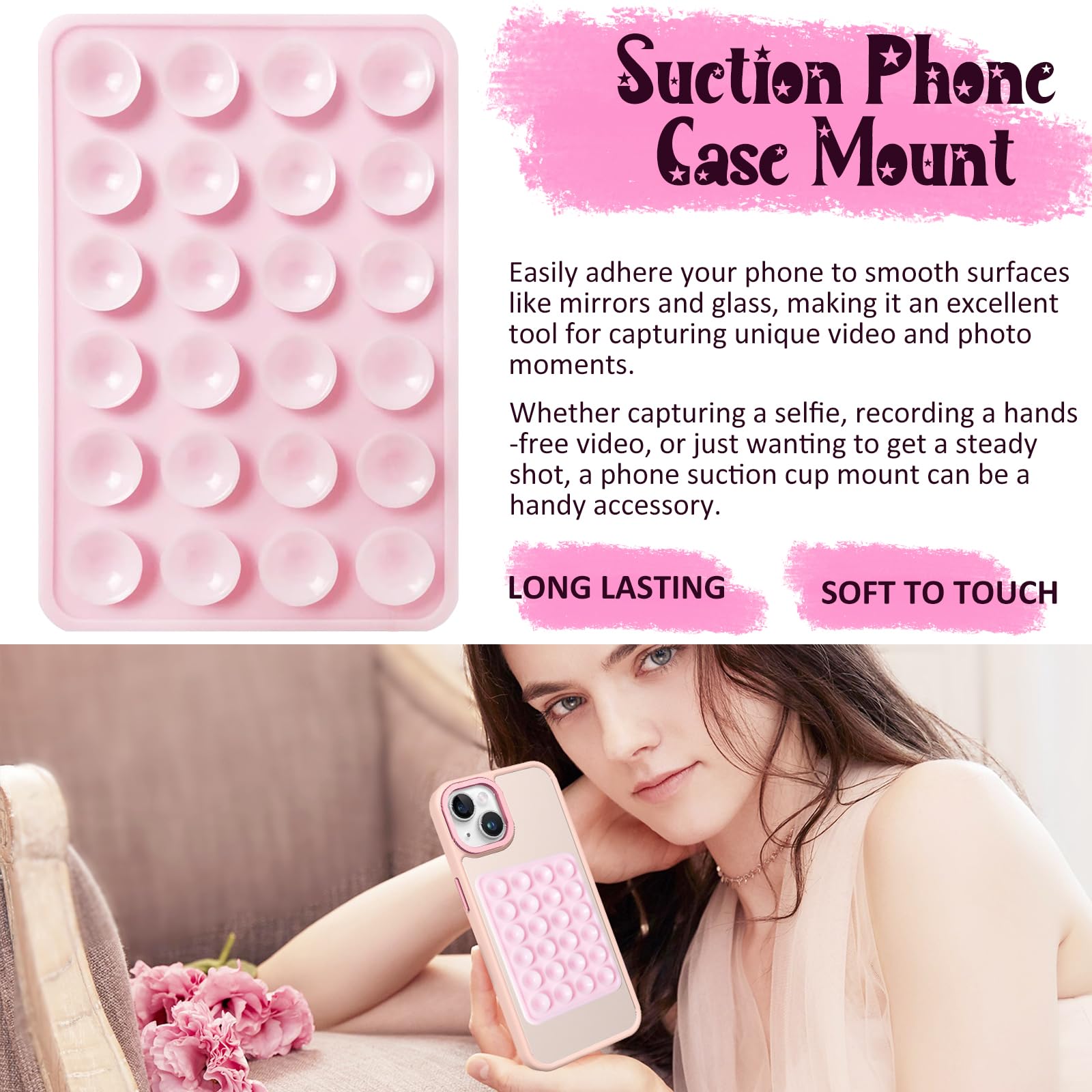 Pkyaa Silicone Suction Phone Case Mount, Silicon Adhesive Phone Accessory For Smartphones, Hands- Mirror Shower Phone Holder For Selfies, Tiktok Videos (Translucent)