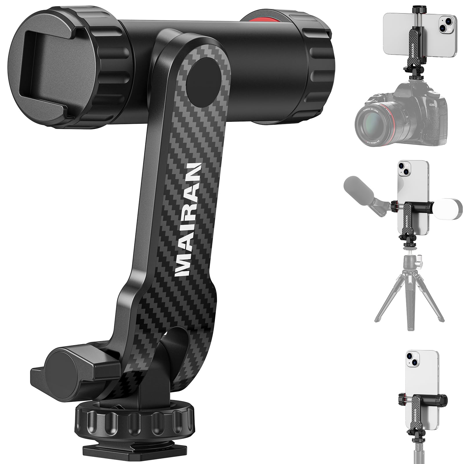 Mairan Phone Tripod Mount,Universal Smartphone Holder Adapter With Dual Cold Shoe Mounts, 1/4" Standard Screw 360° Rotation Adjustable Clip For Iphone, Android Cell Phone, Selfie Stick, Camera Stand
