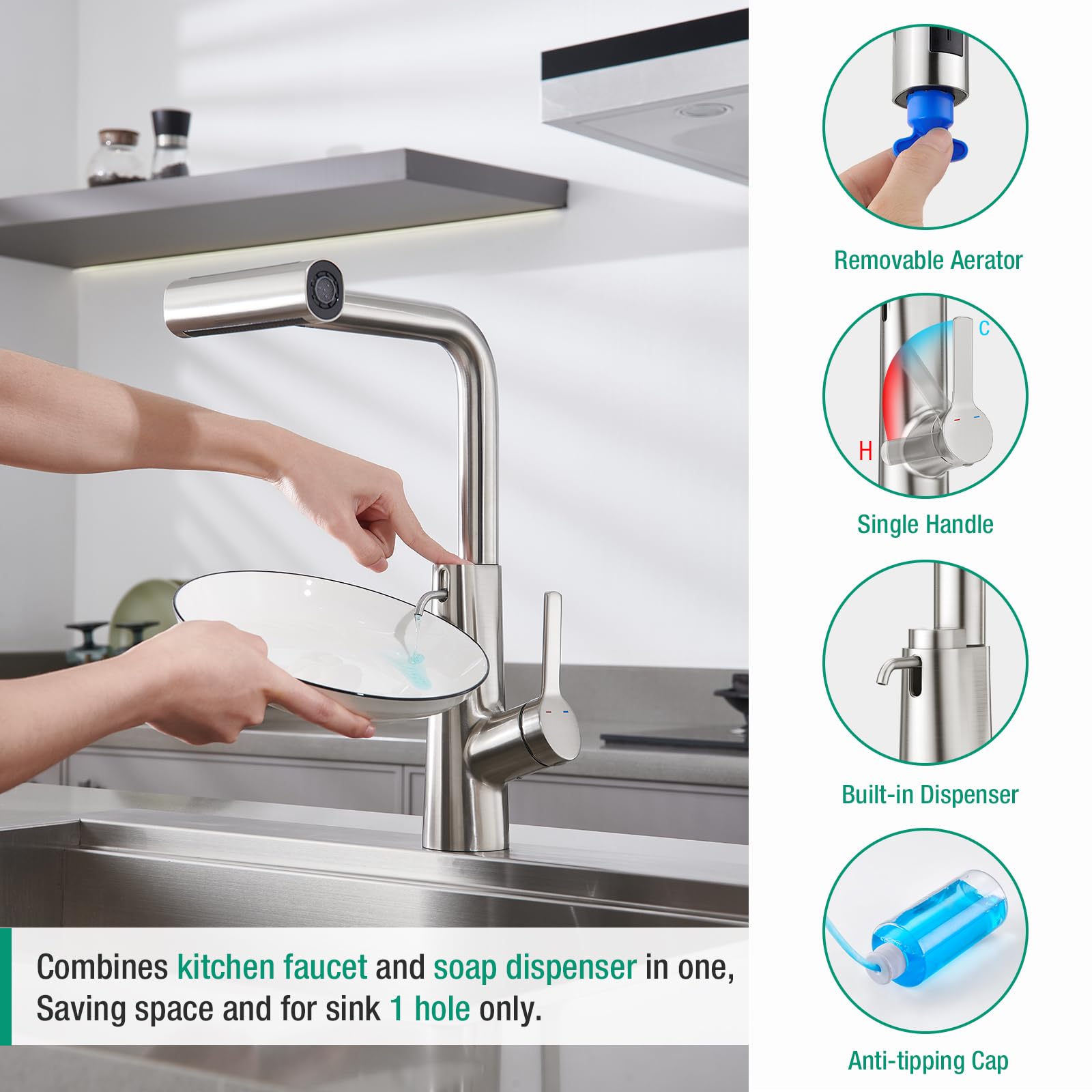 Crea Waterfall Kitchen Faucets With Soap Dispenser Built-In,4 Modes Bar Sink Faucet With Pull Down Sprayer,Single Handle 1 Hole Utility Faucet For Laundry Brushed Nickel Stainless Steel