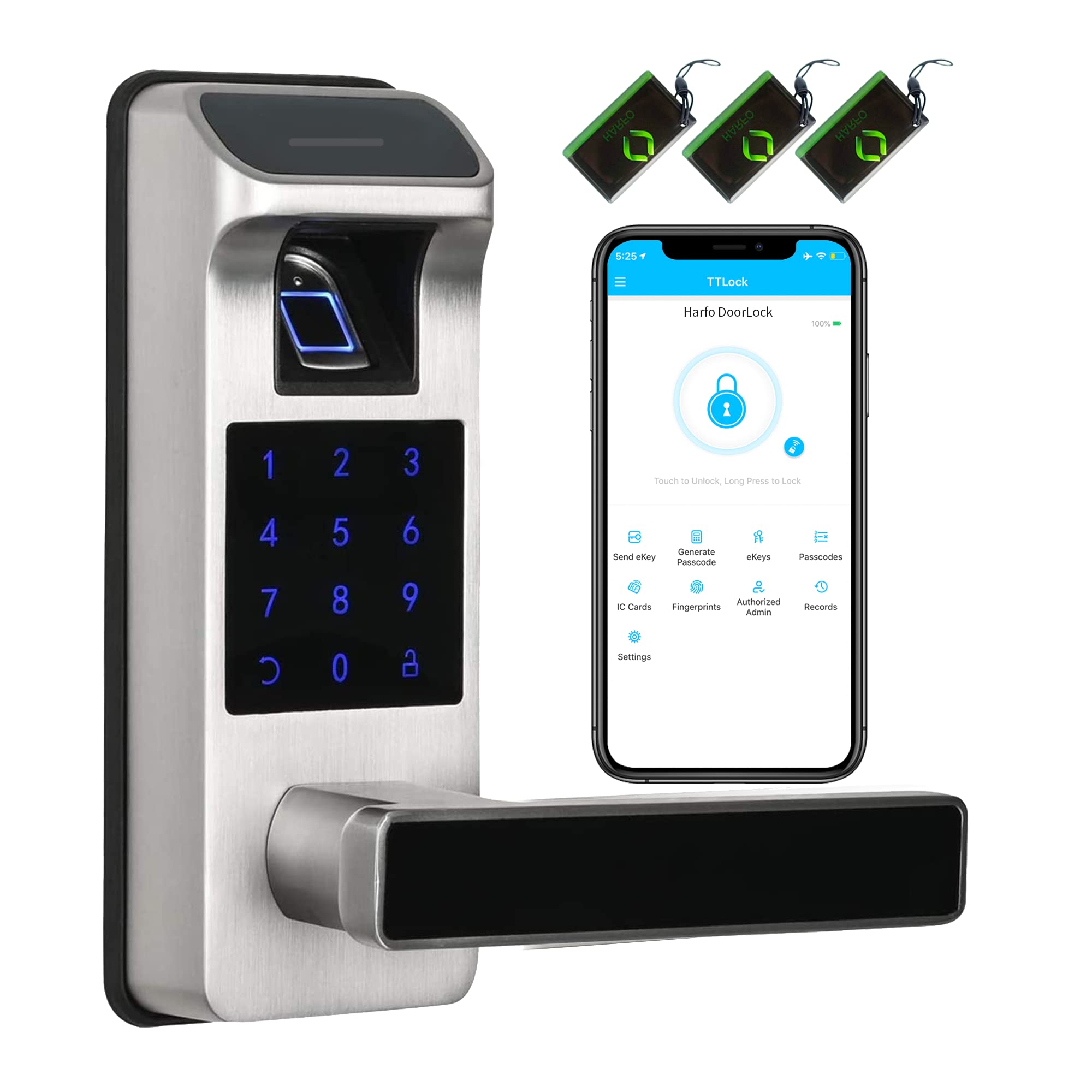 Harfo Smart Door Lock, Heavy Duty 5 In 1 Keyless Entry Door Lock, Full App Control Digital Keypad Lock, Reversible Handle With Fingerprints And Passcodes For Family/Office/Apartment (Satin Nickel)