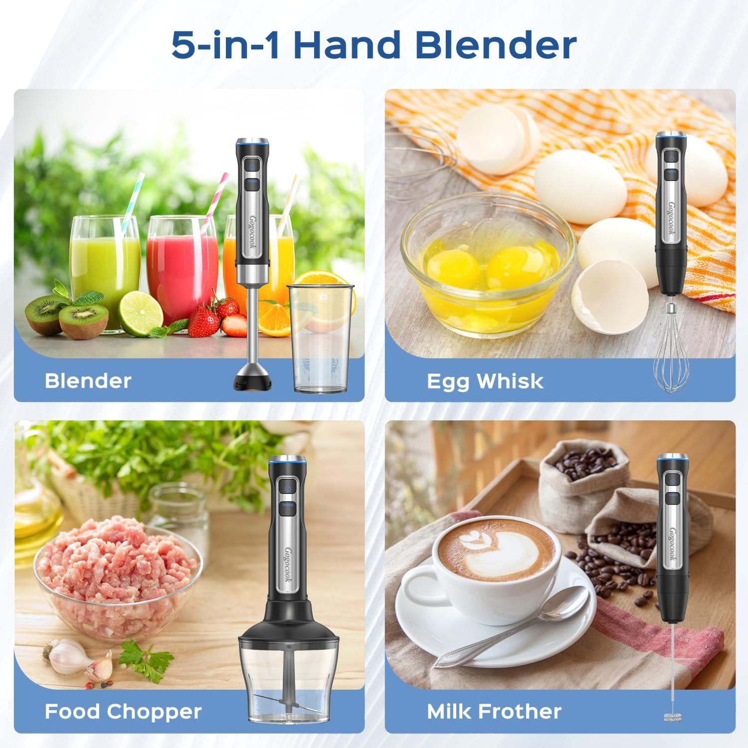 Gogocook Immersion Blender 5 In 1 Hand Blender, Electric Blender Max 1000W Heavy Duty Motor, 21 Speed & Turbo Mode Handheld Blender, Milk Frother, Egg Whisk, 800Ml Beaker, 600Ml Chopper Stainless Steel Blades