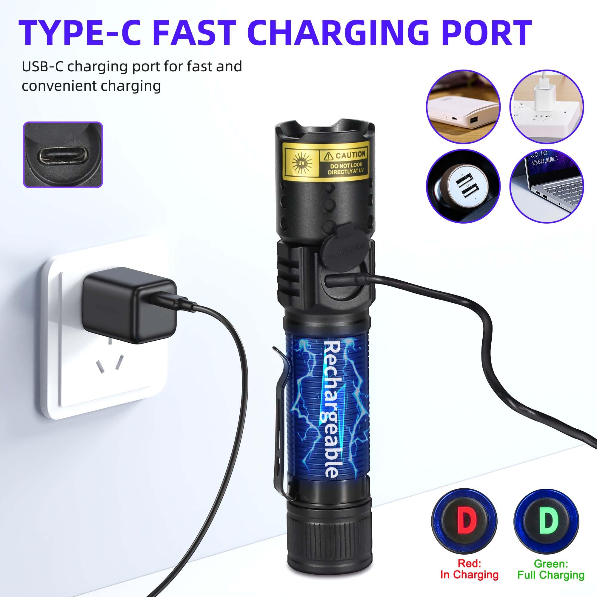 Wmcodmw Uv Flashlight Black Light 365Nm, Mini Powerful 3Xled Ultraviolet Blacklight Rechargeable Woods Lamp, Handheld Pet Urine Detector For Dog/Cat Urine, Stains, Resin Curing, Rocks Finder
