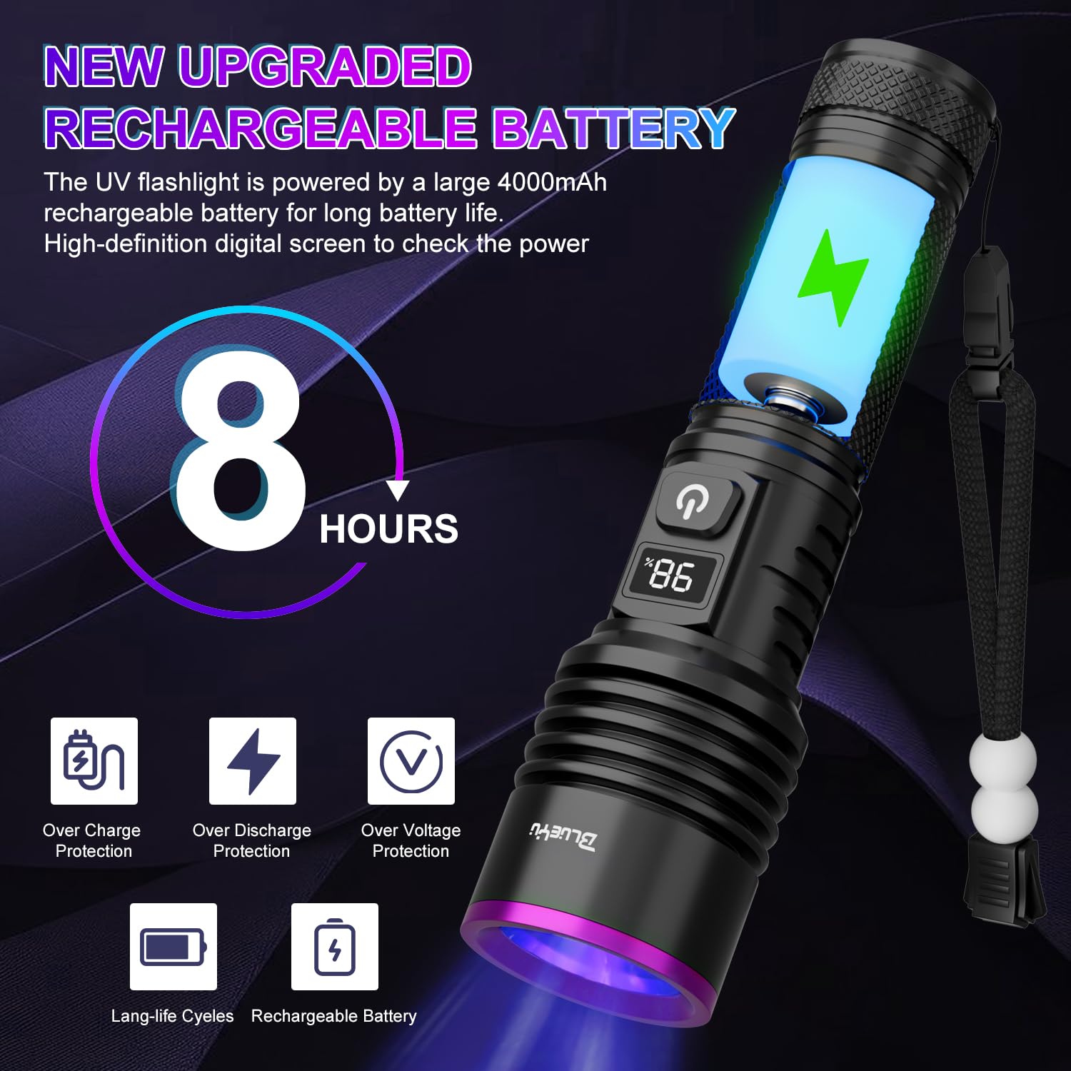 Blueyu 365Nm Black Light Uv Flashlight, Rechargeable Blacklight Flashlights, Powerful Ultraviolet Lights For Pet Urine Detection, Scorpion, Rock Hunting, Ac Leak, & Resin Curing, With Lcd Display