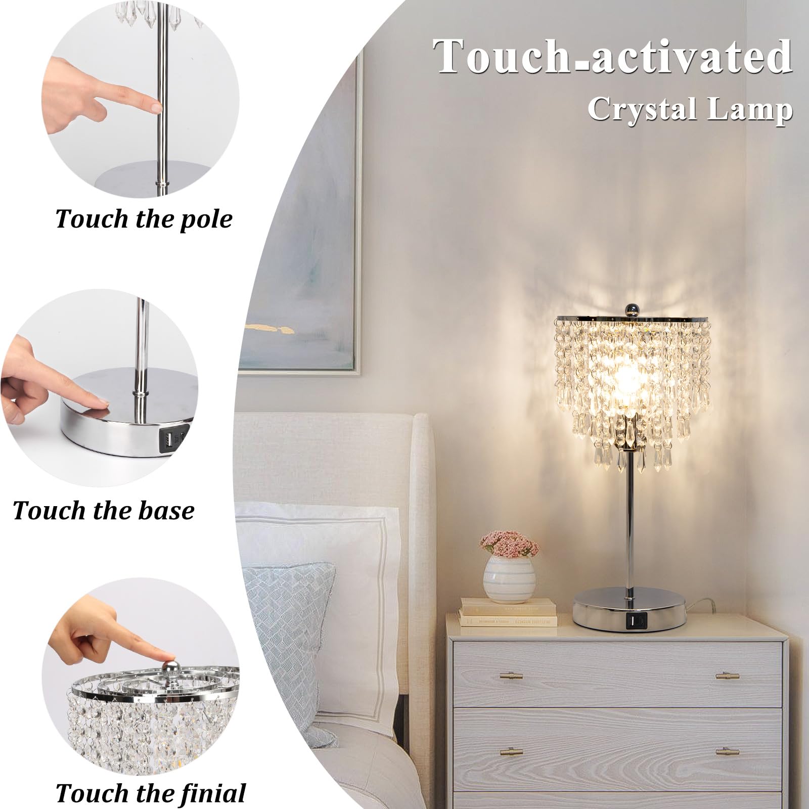Seaside Village Touch Control Crystal Table Lamp With Usb C+A Charging Ports, 3-Way Dimmable Bedside Touch Lamp Decorative Nightstand Lamp With Elegant Lamp Shade For Living Room Bedroom, B11 Led Bulb Included