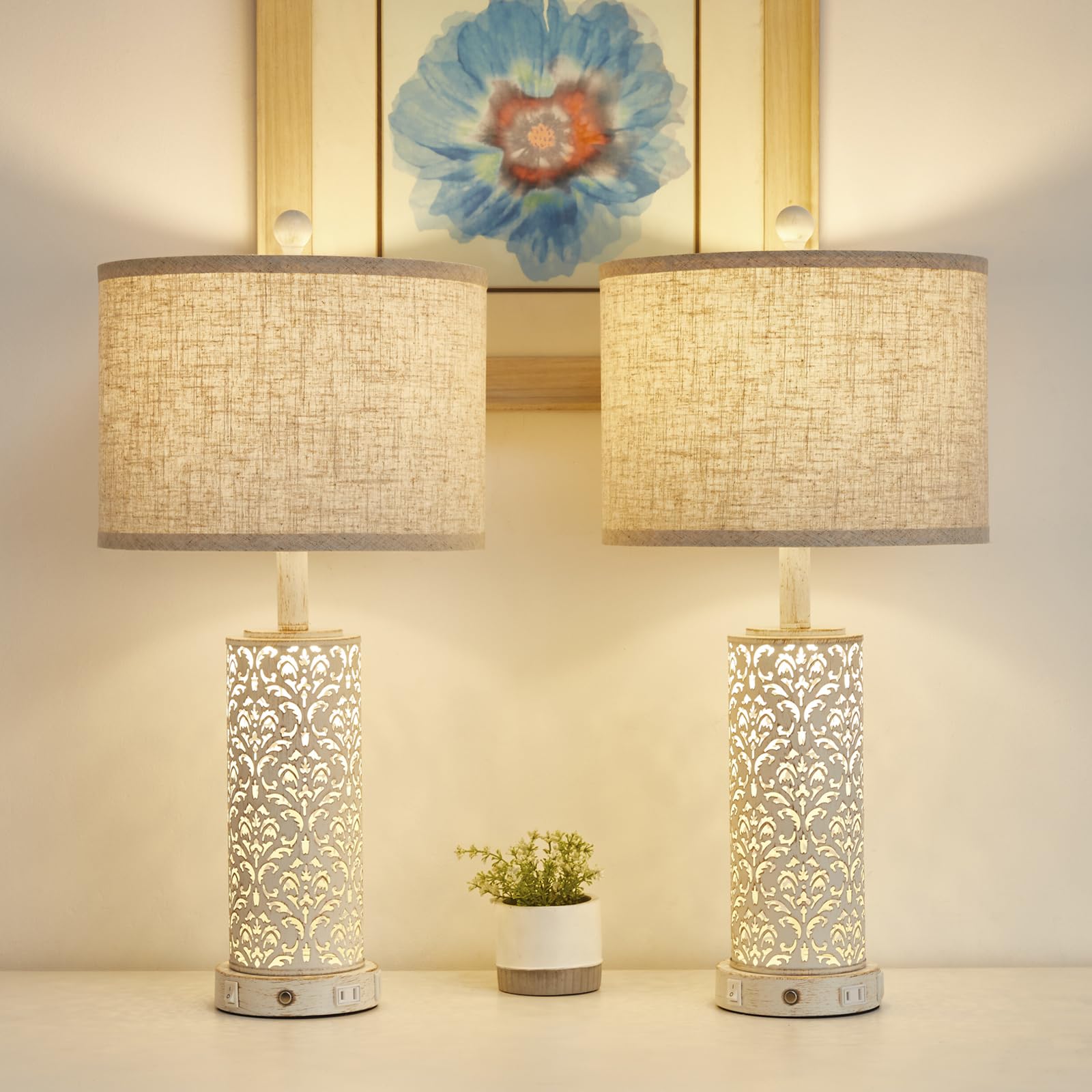 Saiweya 26" Set Of 2 Farmhouse Table Lamp, 3-Way Dimmable Touch Control With Nightlight, 2 Usb Ports + Ac Outlet Vintage Rustic Bedside Lamp For Living Room Bedroom And Nightstand (White-2 Pack)
