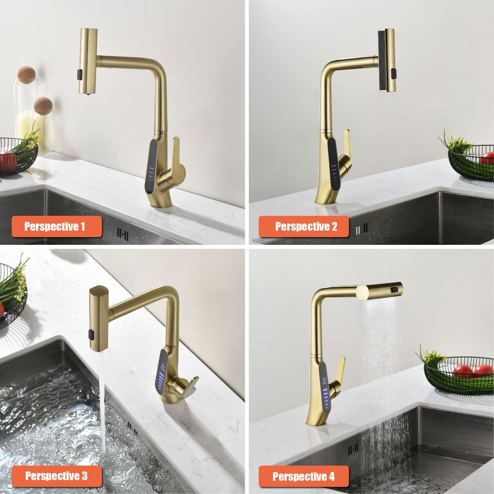 Beith Waterfall Kitchen Sink Mixer Taps With Pull Out Sprayer, 3 Modes Kitchen Sink Faucet, 360° Rotation, Digital Display, Single Lever Kitchen Tap, 59A Copper, Anti-Corrosion, Durable