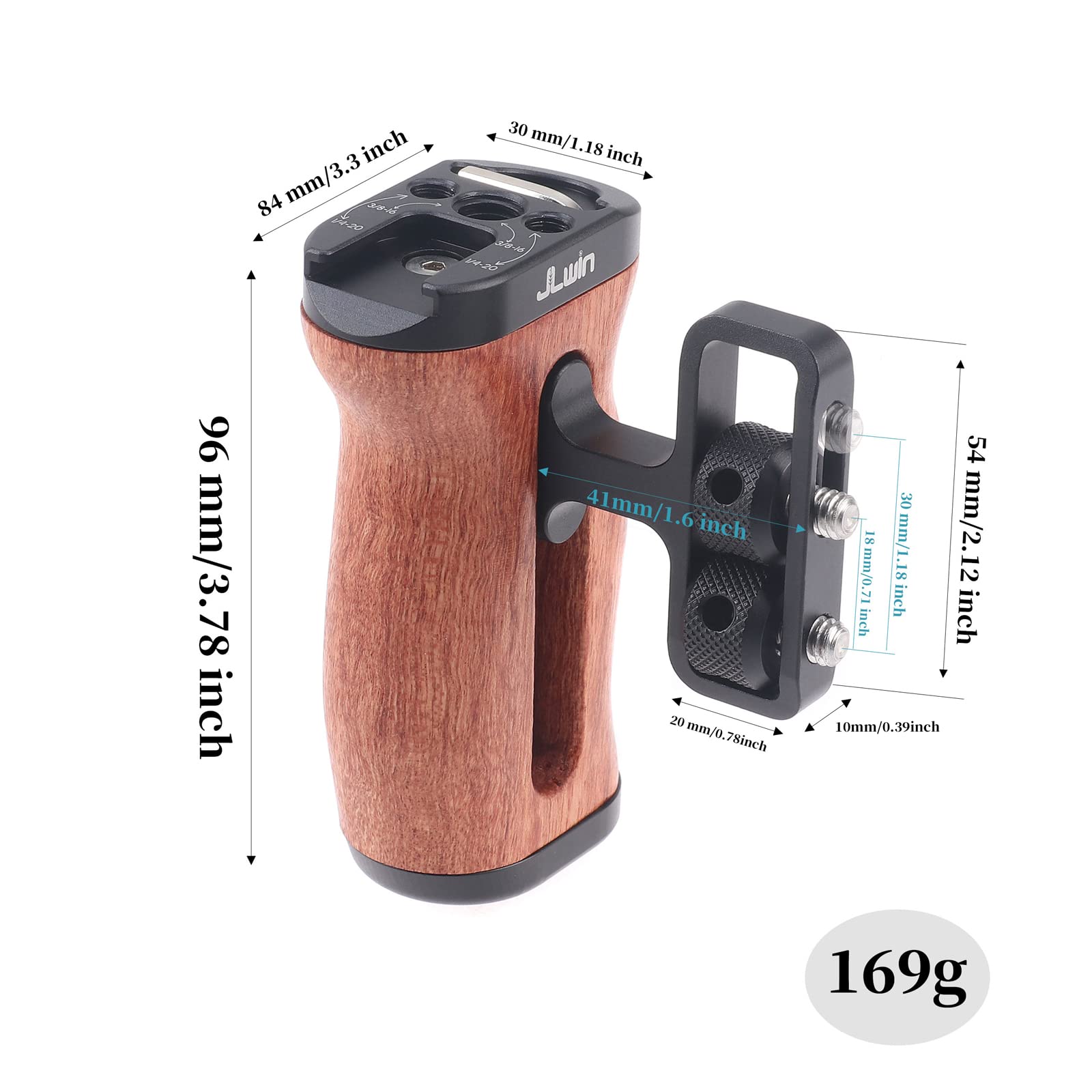 Focusfoto Wooden Side Handle Grip Left/Right Handgrip With 1/4"-20 & 3/8"-16 & Cold Shoe Mount Universal For Dslr Mirrorless Camera Cage Rig Video Led Light (Standard Version)