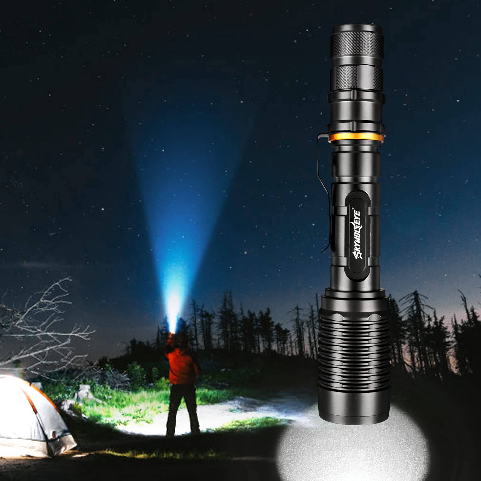 Skywolfeye 2 Pack 5 Modes Led Rechargeable 5000 High Lumens Flashlights, Super Bright Zoomable Flashlight Waterproof For Kids Camping，Emergencies