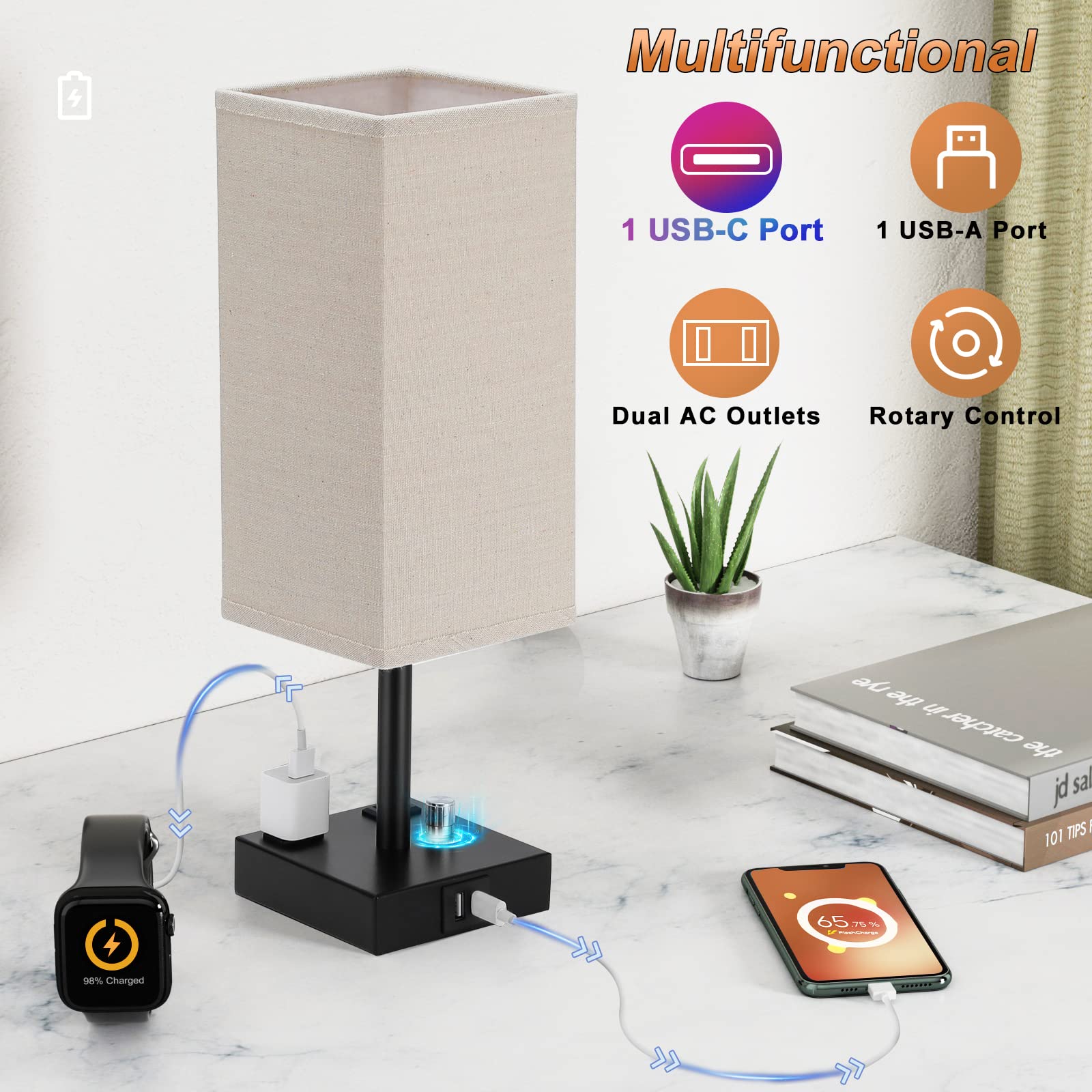 Aooshine Fully Dimmable Nightstand Lamps Set Of 2 - Table Bedside Lamp With Usb C+A Charging Ports & 2 Ac Outlets, Square Lamp Sets Linen Fabric Shade For Bedroom Living Room(Bulb Included)