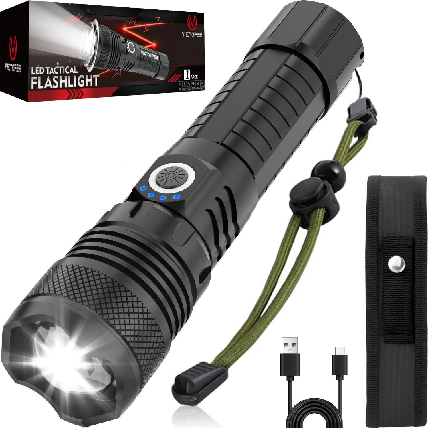 Victoper Led Flashlights, High Powered 1,000,000 Lumens Super Bright Tactical Flashlight, Rechargeable, 5 Modes Zoomable Waterproof Flash Lights For Emergency, Outdoor, Home, Camping, Hiking