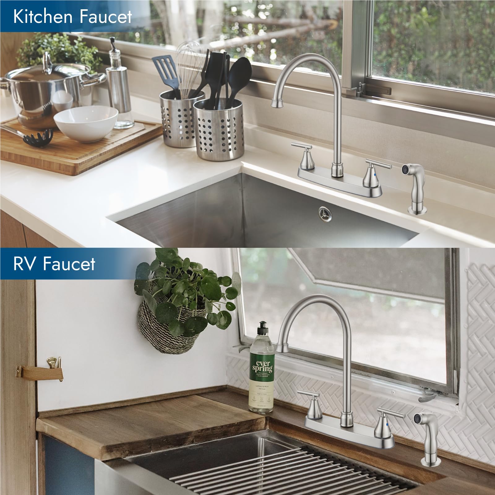 Cinwiny 2 Handle Kitchen Faucets Deck Mounted 3 Hole 8 Inch Rv Kitchen Sink Faucet High Arc 360° Rotating Spout Mixer Tap, Brushed Nickel, With Side Sprayer