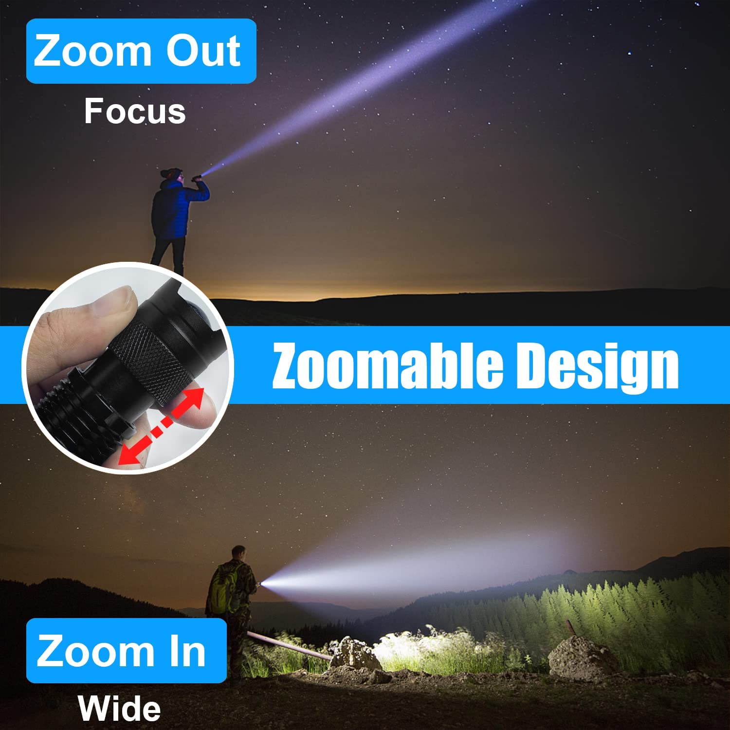 Hinsgear 4 Pack Small Mini Flashlight Led Single Mode Light 1 Mode Flashlight Aluminum Zoomable Focus Water Resistant Handheld Flash Light For Camping, Outdoor, Home Use,