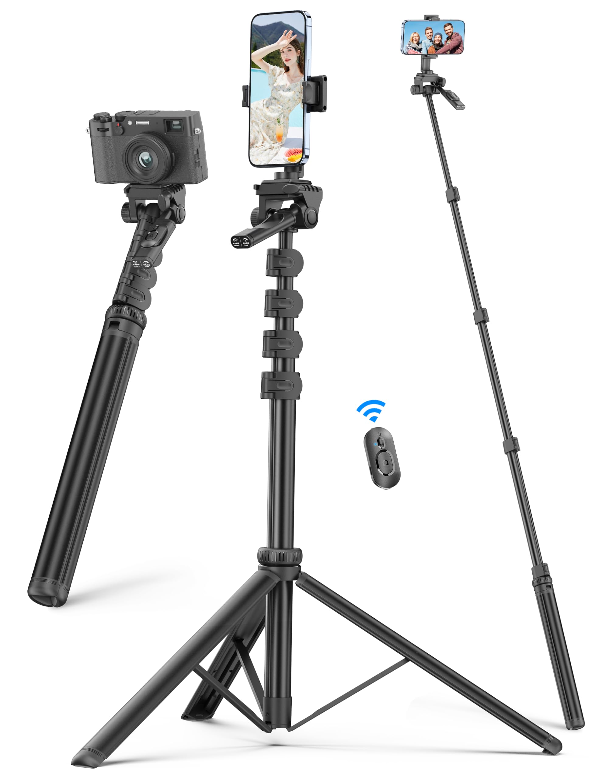 Selfieshow 72" Phone Tripod & Selfie Stick, Extendable Cell Phone Stand With Detachable Remote & Phone Holder, Aluminum Tripod Compatible With Iphone Android
