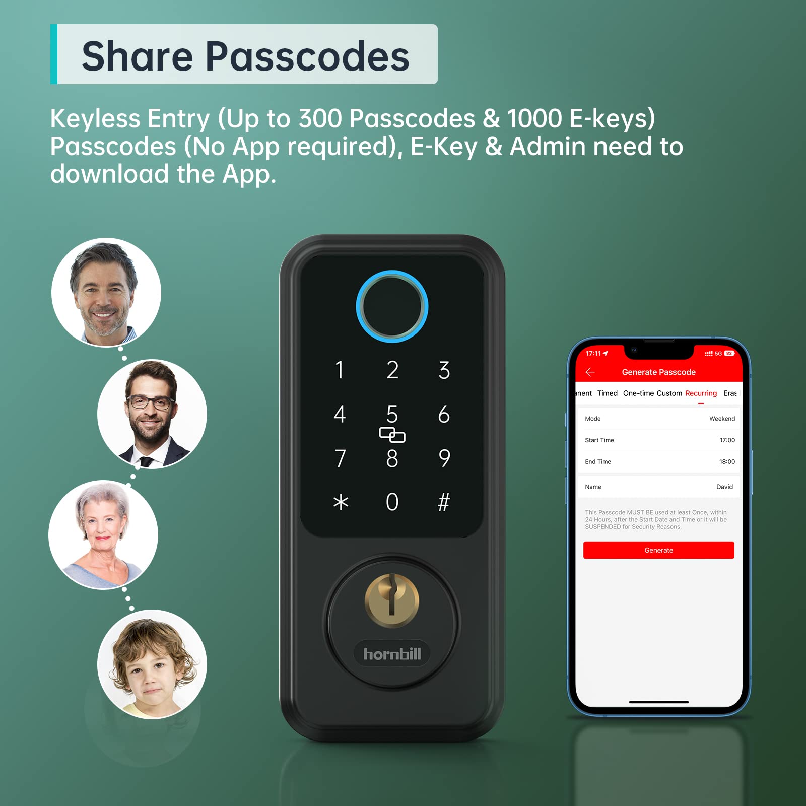 Hornbill Smart Keyless Entry Door Lock, Hornbil Smart Deadbolt Door Locks For Front Door With Fingerprint Bluetooth Electronic Deadbolt, Biometric Touchscreen Keypad Door Lock, Works With App, Black