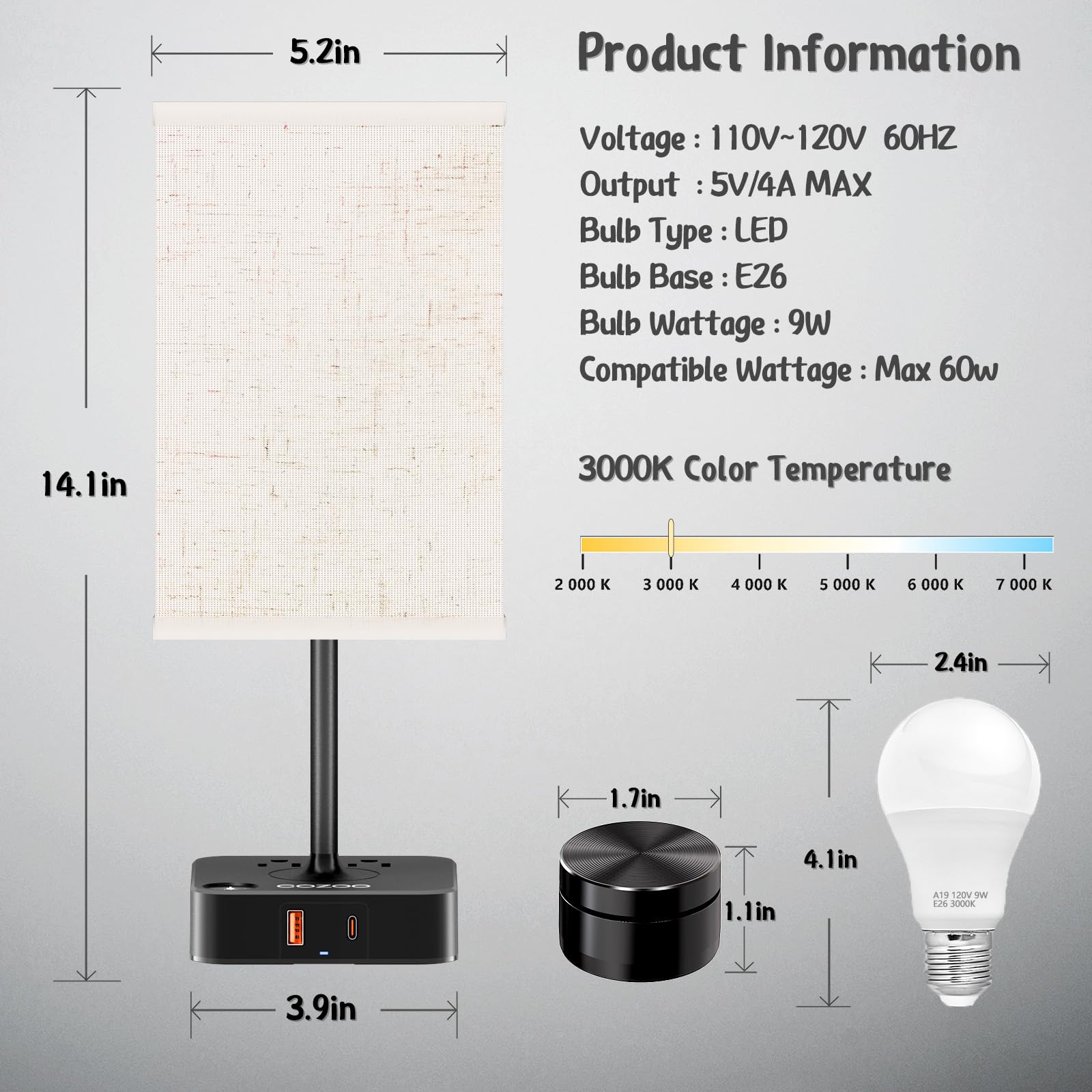 Cozoo Bedroom Table Lamp With Remote Operation Control,Dimmable Bedside Table Desk Lamps With Usb C+A Charging Ports 2 Ac Outlets,Nightstand Lamp Flaxen Shade Lamp For Living Room,Dorm,Home Office,Decor