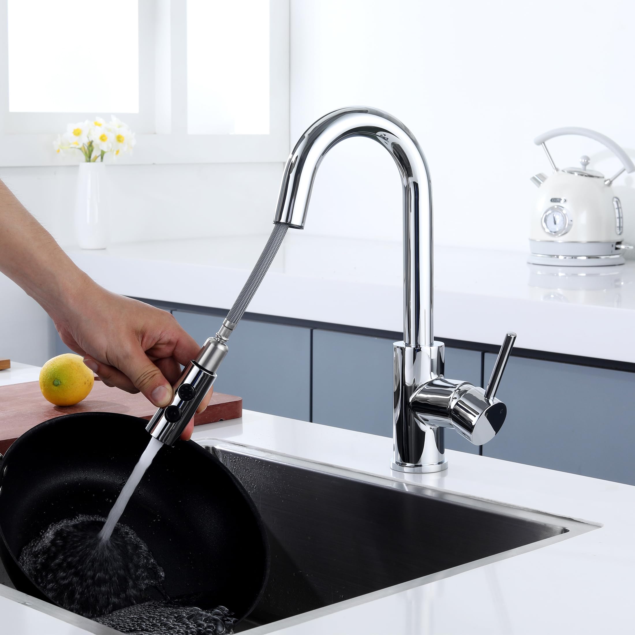 Jxmmp Chrome Bar Faucet Single Hole, Single Handle Stainless Steel Bar Sink Faucets With Pull Out Sprayer, Modern Small Pull Down Kitchen Sink Faucet With Cupc Supply Hose Jxm102Cp