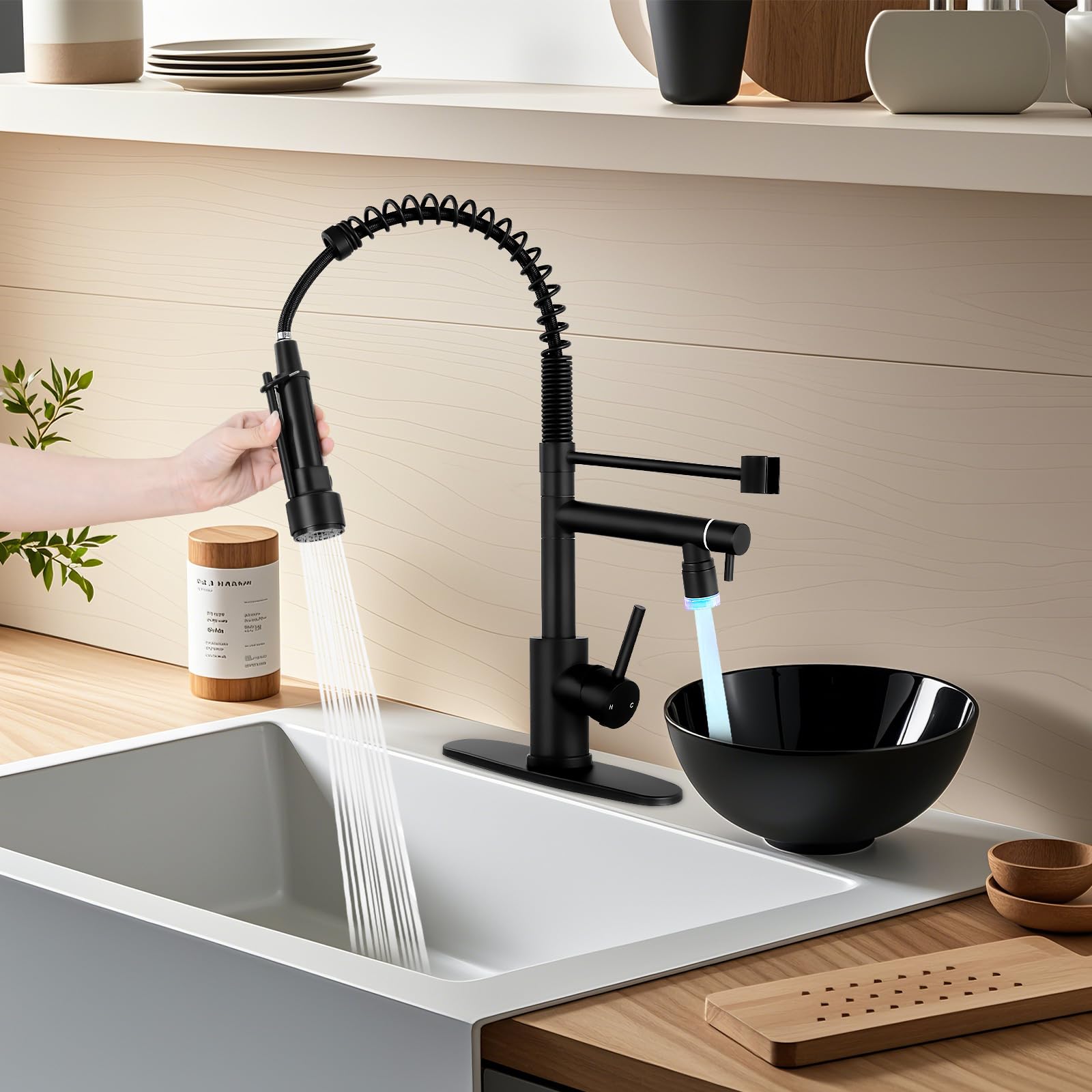 Fgkq Led Kitchen Faucets With Pull Down Sprayer,Kitchen Faucet Single Handle, Commercial Double-Head Faucet For Kitchen Sink Stainless Steel, Kitchen Sink Faucet With Deck Plate, Black