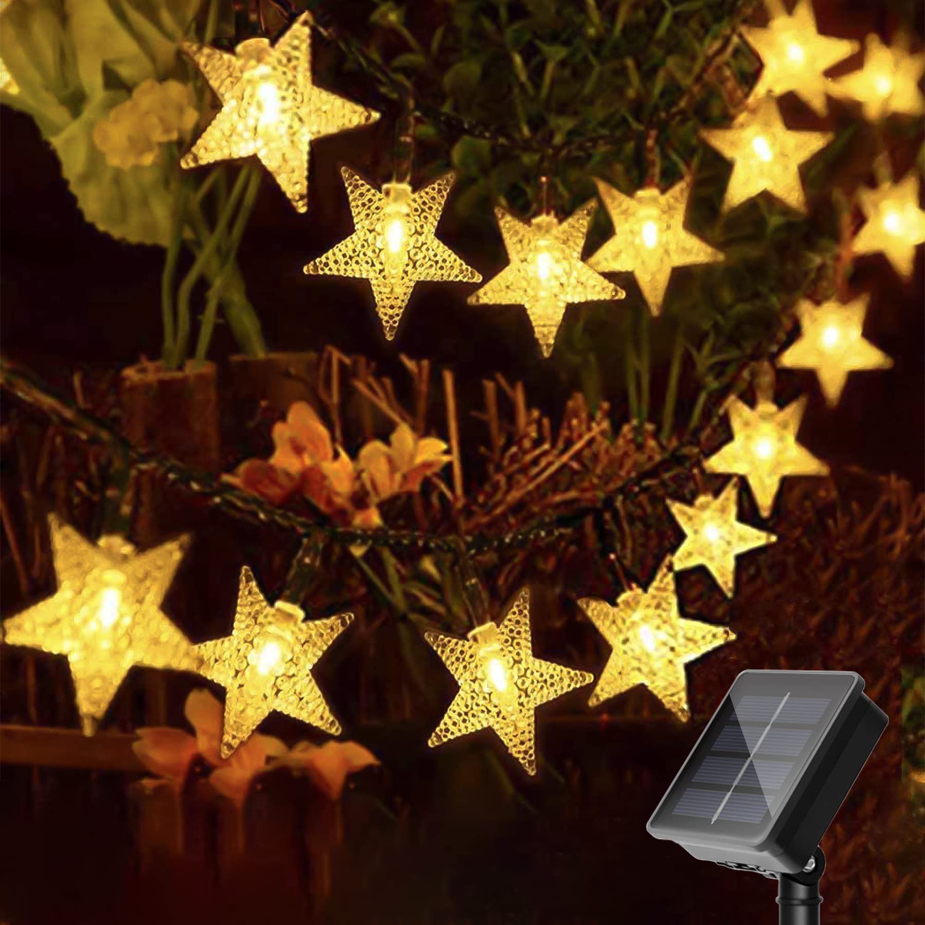 L Lampop Twinkle Solar Star String Lights Outdoor Waterproof Fairy Lights 39Ft 100 Led With 8 Lighting Modes For Camping Garden Wedding Party Tree Holidays Backyard Patio(Warm White)