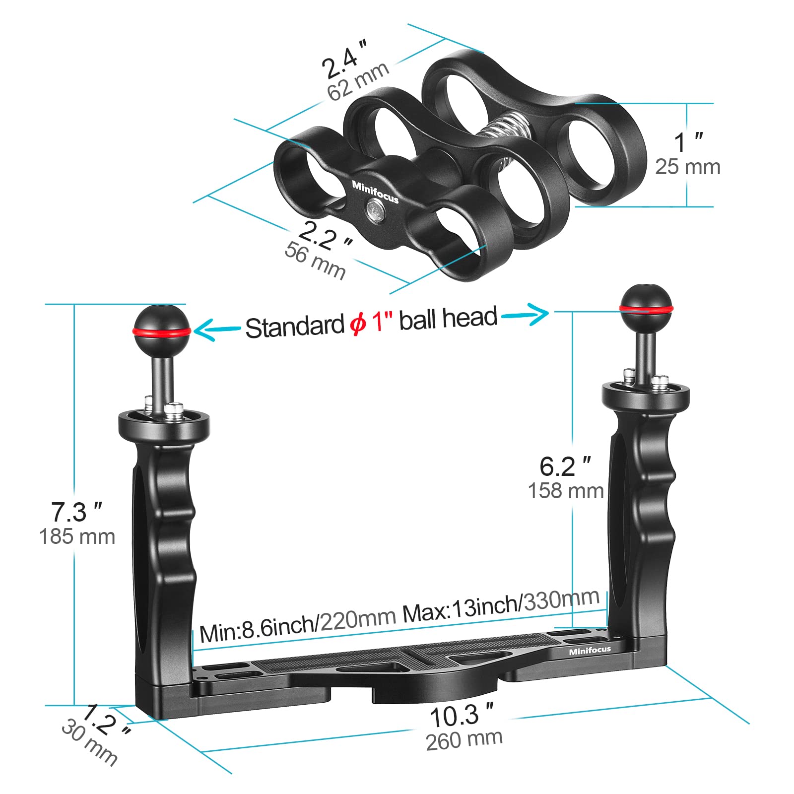 Minifocus Underwater Camera Handle Tray Bracket, Dual Handle Extendable Aluminum Alloy Video Stabilizer Holder With 2 1'' Ball Clamp Mount For Underwater Camera Diving Housings