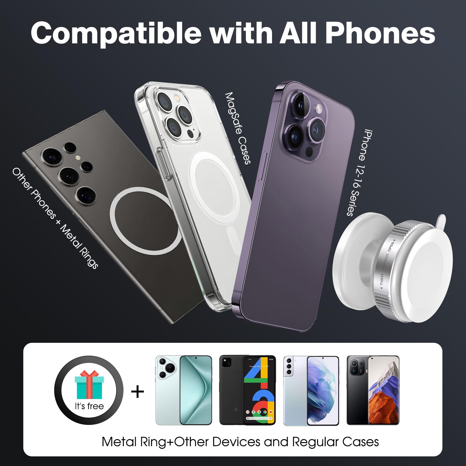 Jikasho 360° Vacuum Magnetic Suction Cup Phone Mount, Adjustable Hands- Suction Cup Phone Holder For Car/Gym/Mirror/Smooth Surface, Compatible With Iphone Android And All Smartphones (White)