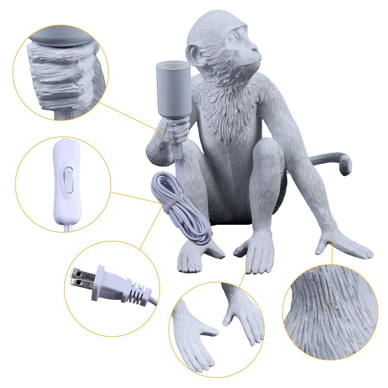 Tiardocge Modern Table Light, Resin Sitting Monkey Desk Lamp, Animal Bedside Led Light For Living Room, Bedroom, Kids Room, Office, College Dorm (White)