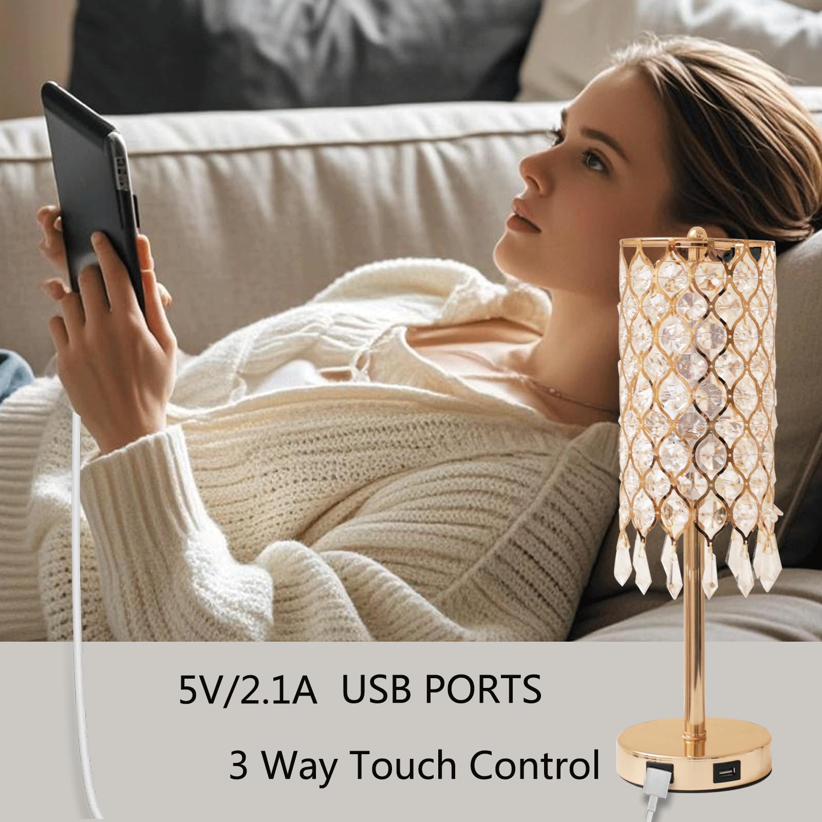 Cotulin Crystal Table Lamp,Gold Lamp With Usb Ports, 3 Way Dimmable Touch Lamp With Crystal Shade, Bedside Nightstand Gold Accent Lighting For Living Room Bedroom Home Office, Readin,Christmas