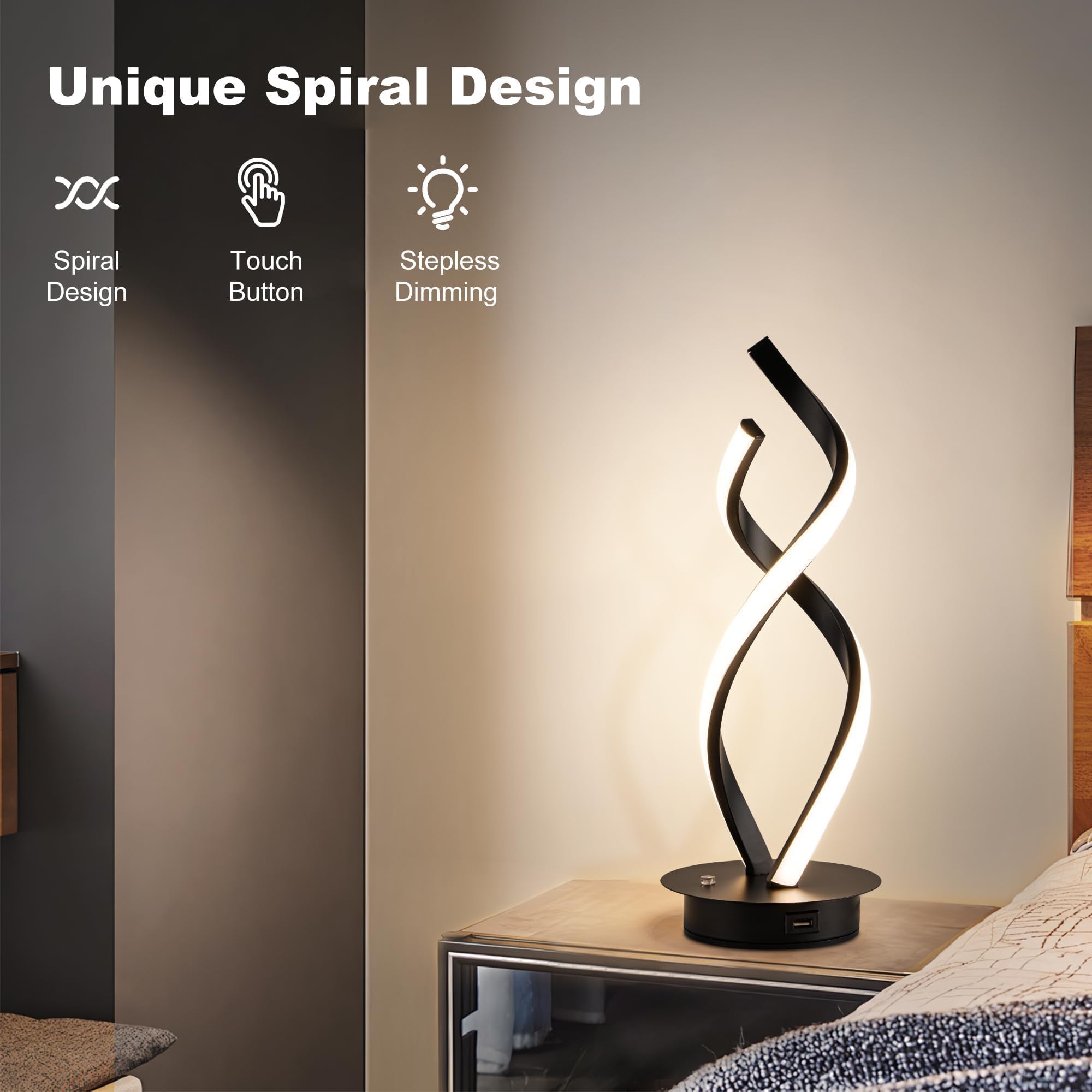 Adebime Modern Spiral Touch Lamp - Warm White Led Nightstand Light, Adjustable Brightness For Home And Office, Black