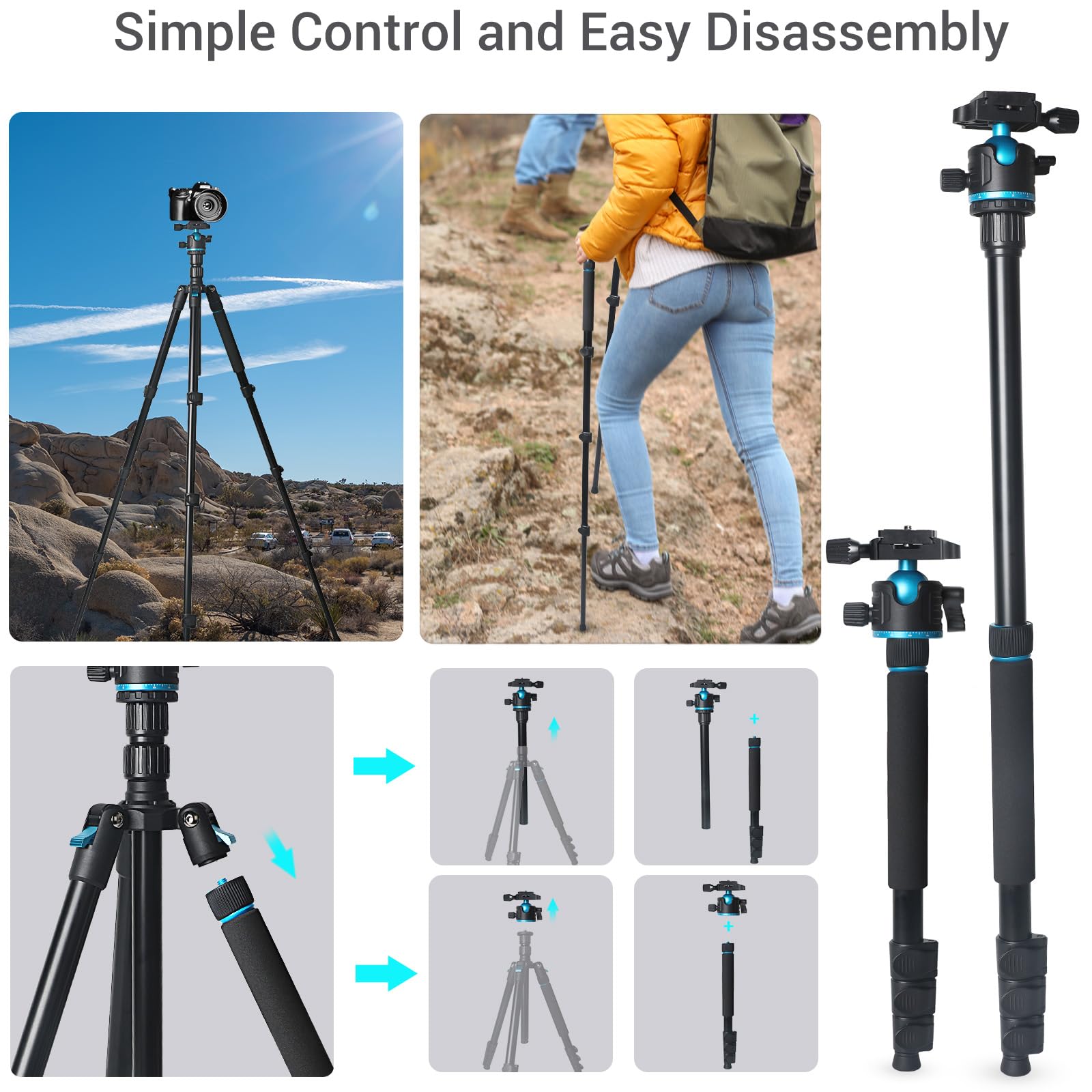 Jafuqaw Camera Tripod,68" / 174Cm Lightweight Travel Tripod & Monopod With 360°Ball Head Payload 15 Lbs,Adjustable Height From 17" To 68" Professional Tripod For Dslr Camera Shooting