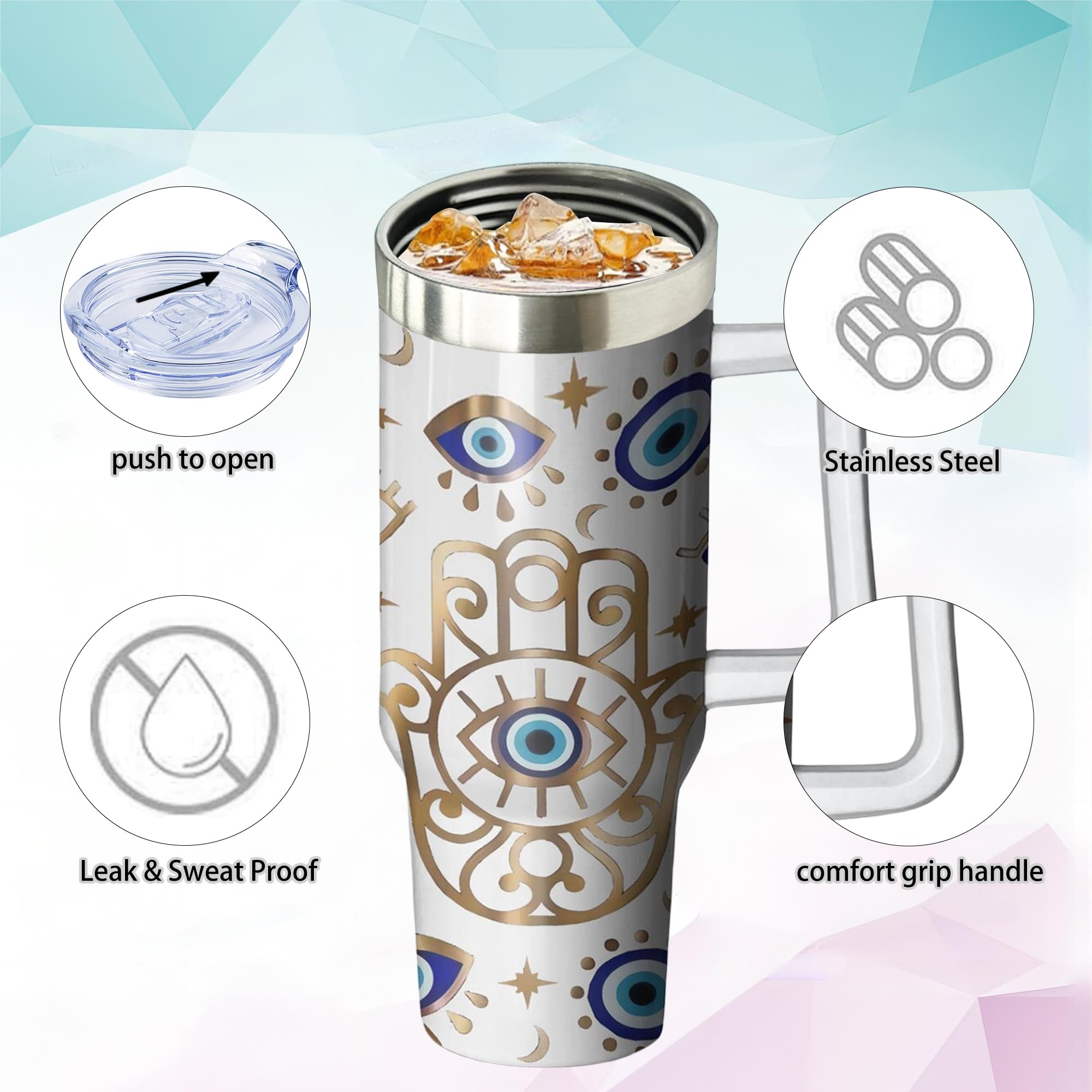 40Oz Evil Eye Tumbler With Handle And Flip Straw, Evil Eyes Hand Stainless Steel Insulated Cup
