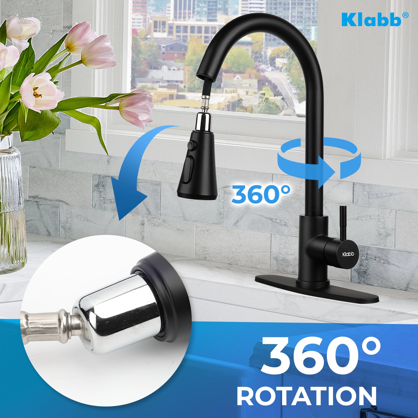 Klabb Kitchen Faucet, Matte Black Single Handle Brass Pull-Out Faucet With Sprayer & Deck Plate, Durable & Easy To Install For Kitchen Sink