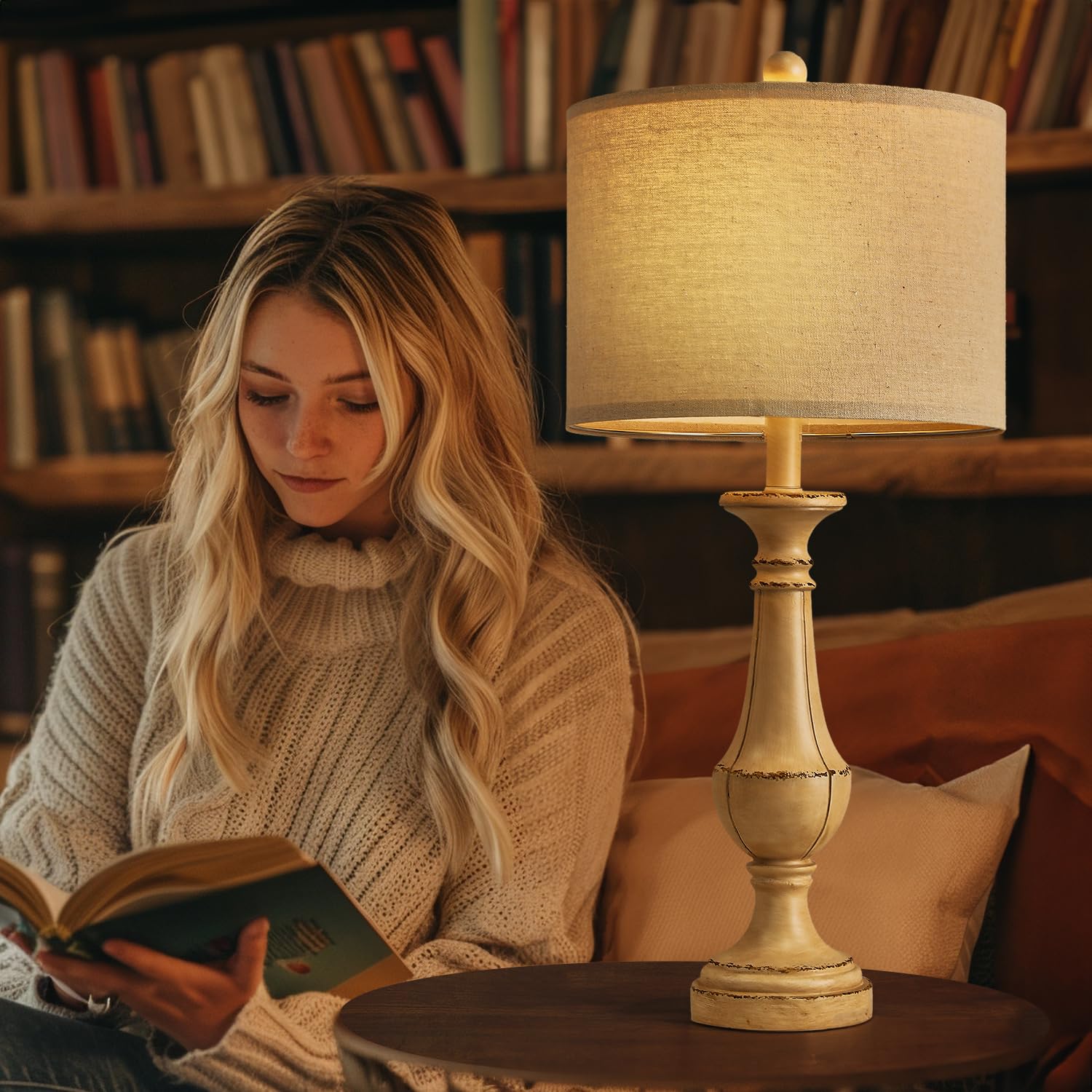 Pokat 27.5" Farmhouse Table Lamp For Living Room, Mid Century Tall Table Lamp For Bedroom, Bedside Lamps For Night Stands, Wood Bedroom Lamp For End Table, Traditional Lamp, Distressed Washed White