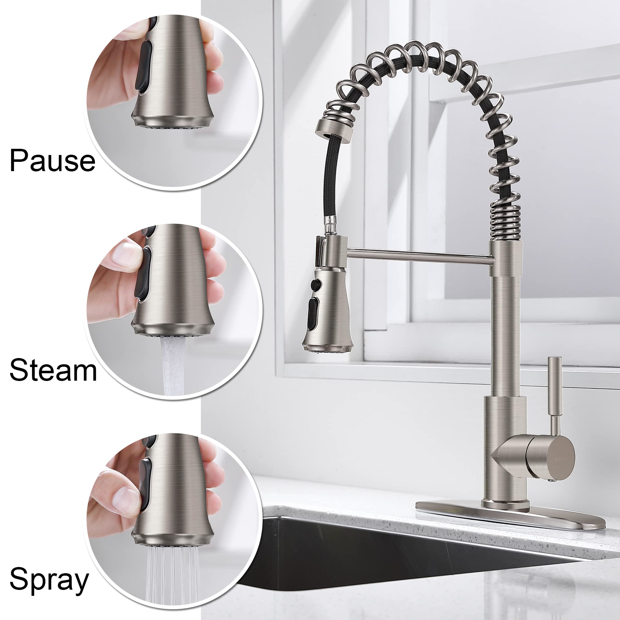 Soka Single Handle Kitchen Pull Down Faucet With Sparyer Fit For 1 & 3 Hole With Three Working Modes Stream, Spray & Pause Brushed Nickel (Sk5001Ny)
