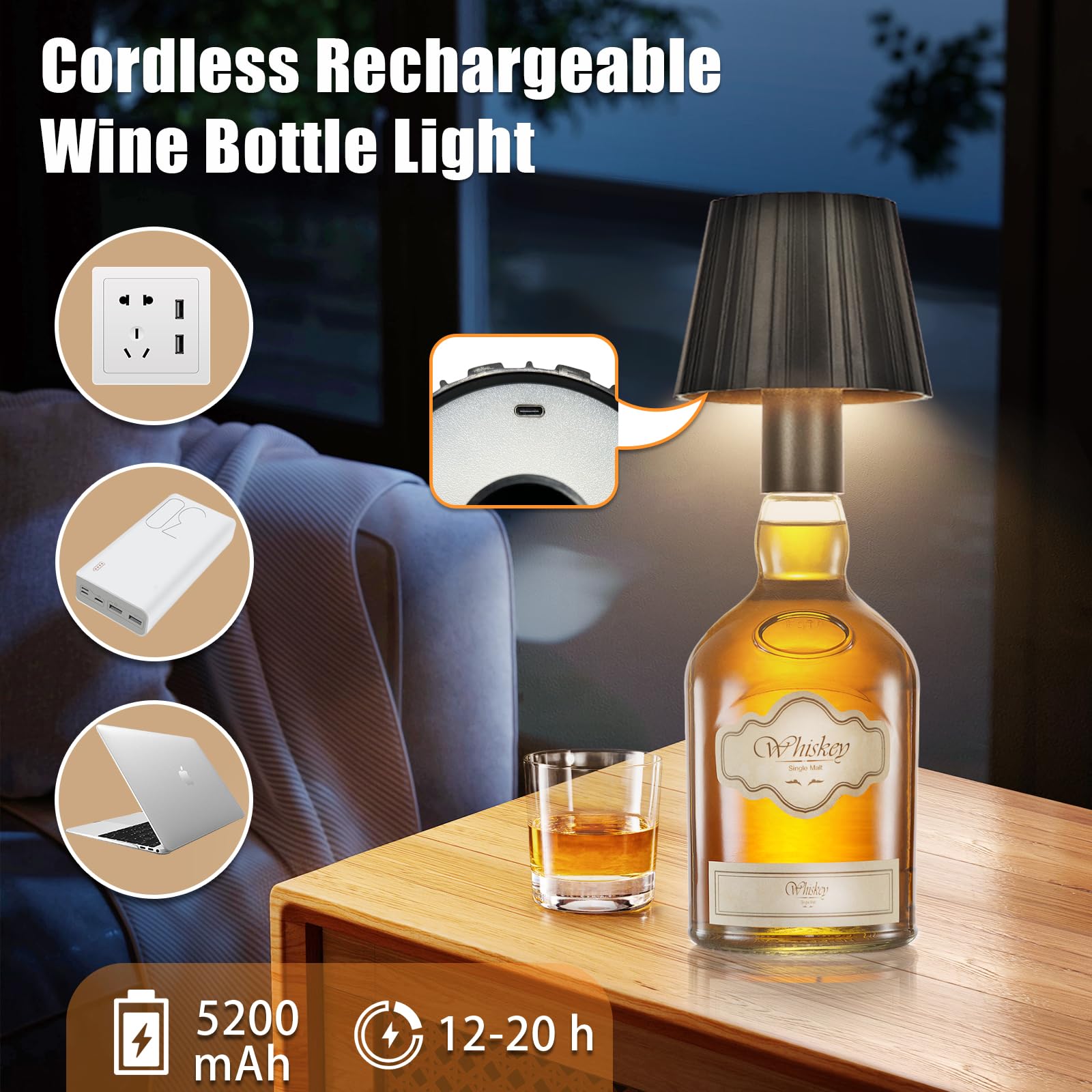 Fisca 2 Pack Wireless Bottle Lamp, 5200Mah Rechargeable Led Wine Bottle Lamp Top, Touch Control Dimmable Portable Table Lamps Shade Desk Wine Bottle Light Head For Restaurant/Bar (3 Color)