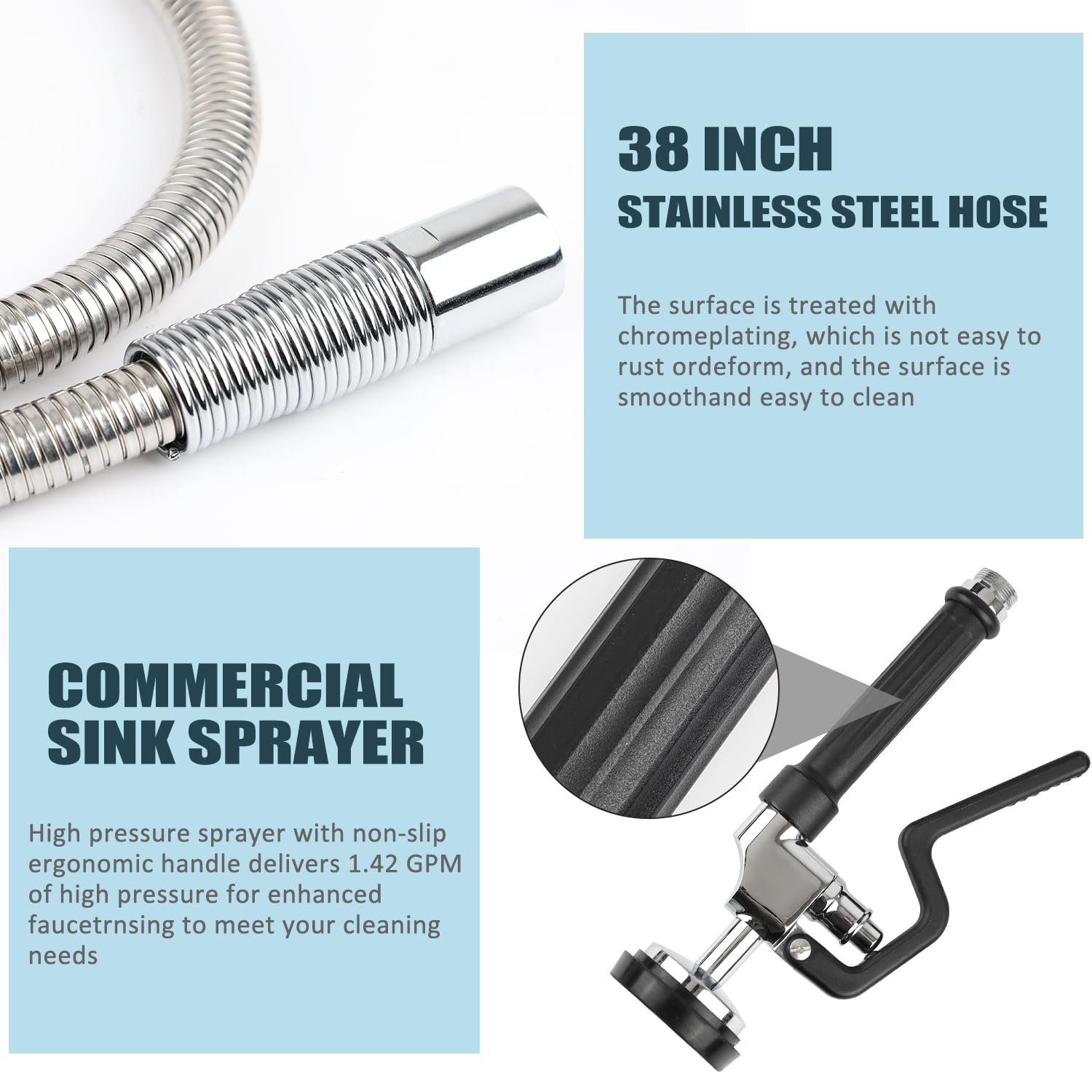 Tceumik Commercial Sink Sprayer With Stainless Hose & Pre-Rinse Overhead Spring, High-Pressure Dish Spray Valve 38Inch Flexible Hose Easy Installation For Home Commercial Restaurant Industrial (Black)