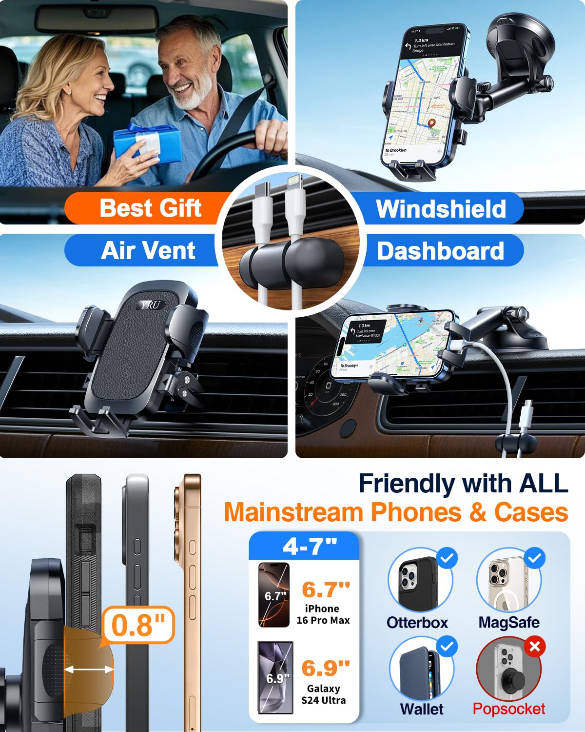 Yru 【 Military-Grade】Phone Holders For Your Car【 90+Lbs Strongest Suction & Clip】Cell Phone Mount Dashboard Windshield Vent Truck Automobile Cradle For Iphone 16 Pro Max 15 14 13 Android,Black