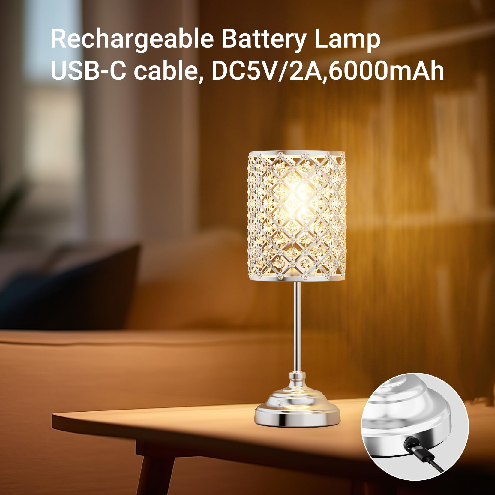 Irotine Cordless Crystal Table Lamp With Dimmer, Built-In Rechargeable Battery Powered Table Lamp For Dining Room, Bedroom, Bedside, Restaurant, Bar (Chrome)