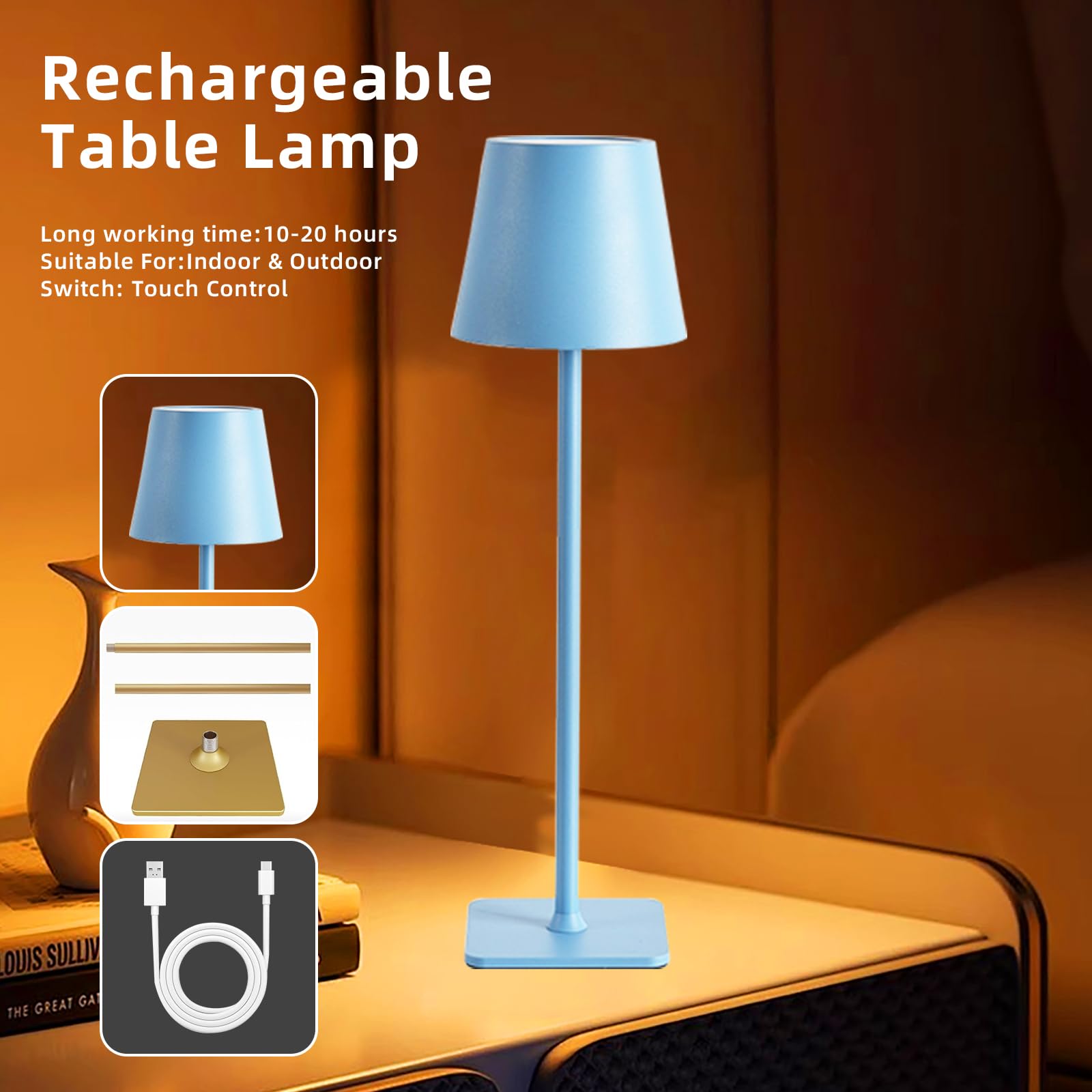 Yiixuyo 2 Pack Cordless Table Lamp, Rechargeable Desk Lamps, 5200Mah Battery Operated Waterproof Wireless Portable Desk Lamp For Dinner Patio Restaurant Bedroom Coffee Shop Night Light (Blue)