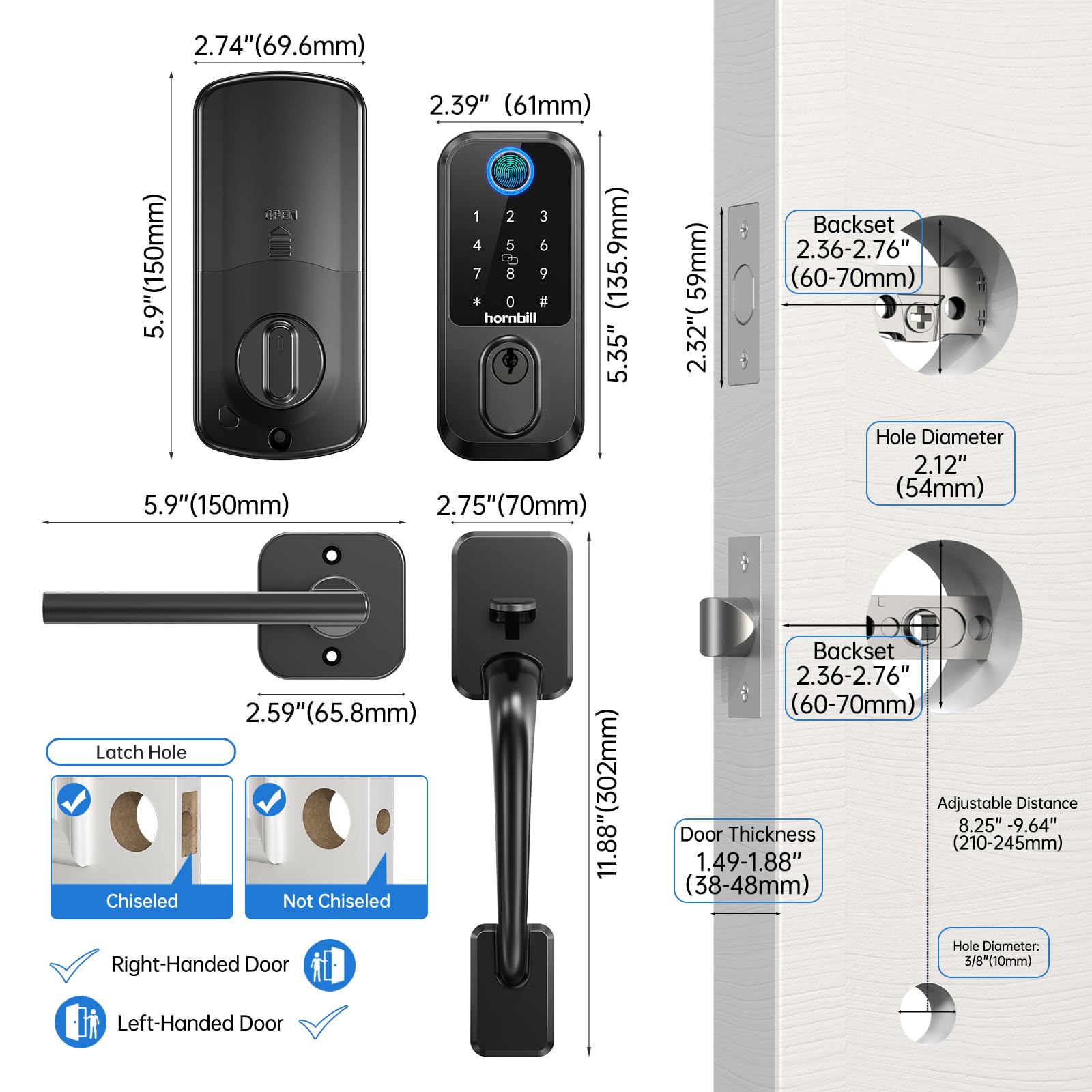 Hornbill Wifi Smart Deadbolt Lock: Front Door Lock Set Keyless Entry With Handle, Smart Locks For Front Door, Alexa Compatible, Fingerprint Keypad Deadbolt, Touchscreen,App Remote Control, Matte Black