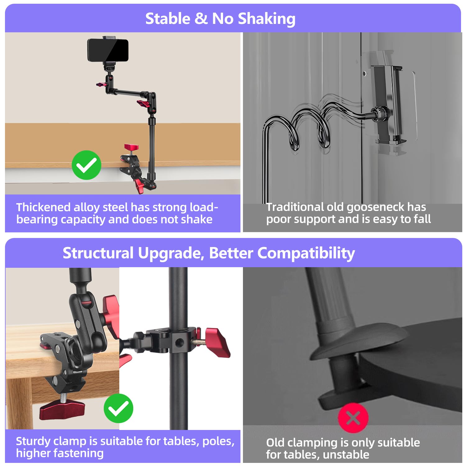 Jinsui 22" Magic Arm W Clamp Camera Mount, Overhead Phone Mount W Dual Ball Head Articulating Mic Boom Arm, 3/8" 5/8" Screw Adapters, Adjustable Camera Desk Mount Stand For Webcam Tripod Light Video Rig