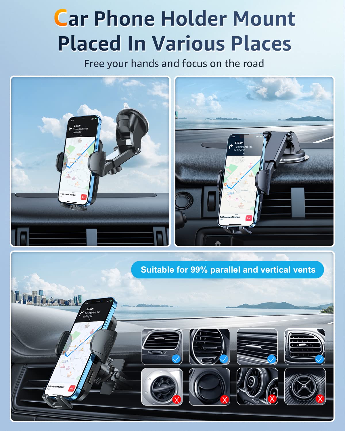 Kuxiyan Humixx Phone Mount For Car [Military-Grade Super Suction] Universal Hands- Phone Holder For Dashboard Windshield Air Vent For Iphone 14 Pro Max Plus Samsung All Phones & Cars