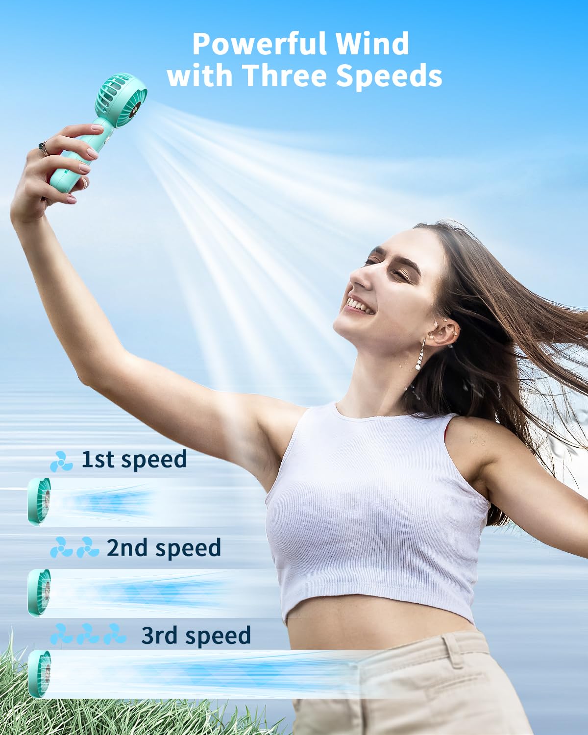 Handheld Fan With 𝗪𝗶𝗿𝗲𝗹𝗲𝘀𝘀 Charging Base, 3 Speeds Portable Fan With Digital Display
