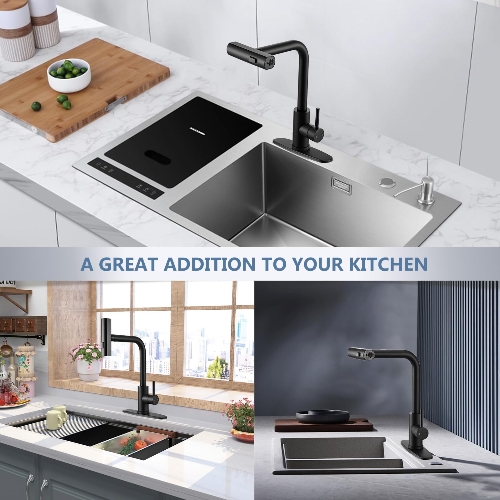 Peppermint Black Kitchen Faucet With Pull Down Sprayer Waterfall Kitchen Sink Faucet Stainless Steel Rv Matte Black Kitchen Faucets Single Handle Faucets For Kitchen Sink 1 Or 3 Hole 360° Rotatable