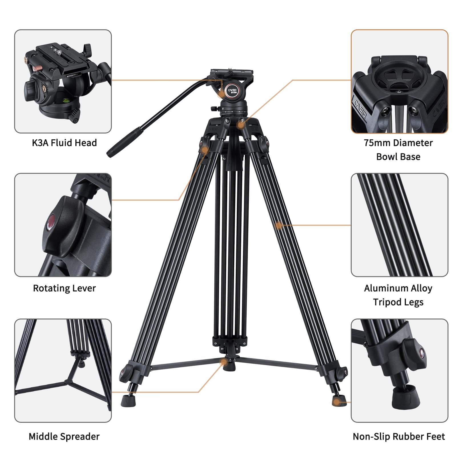 Cayer Bv30L Video Tripod System, 72" Heavy Duty Aluminum Twin Tube Tripod With K3 Fluid Head, 75Mm Flat Base, Max Load 13.2Lbs, For Dslr Cameras, Camcorders, Includes 2 Quick Release Plates
