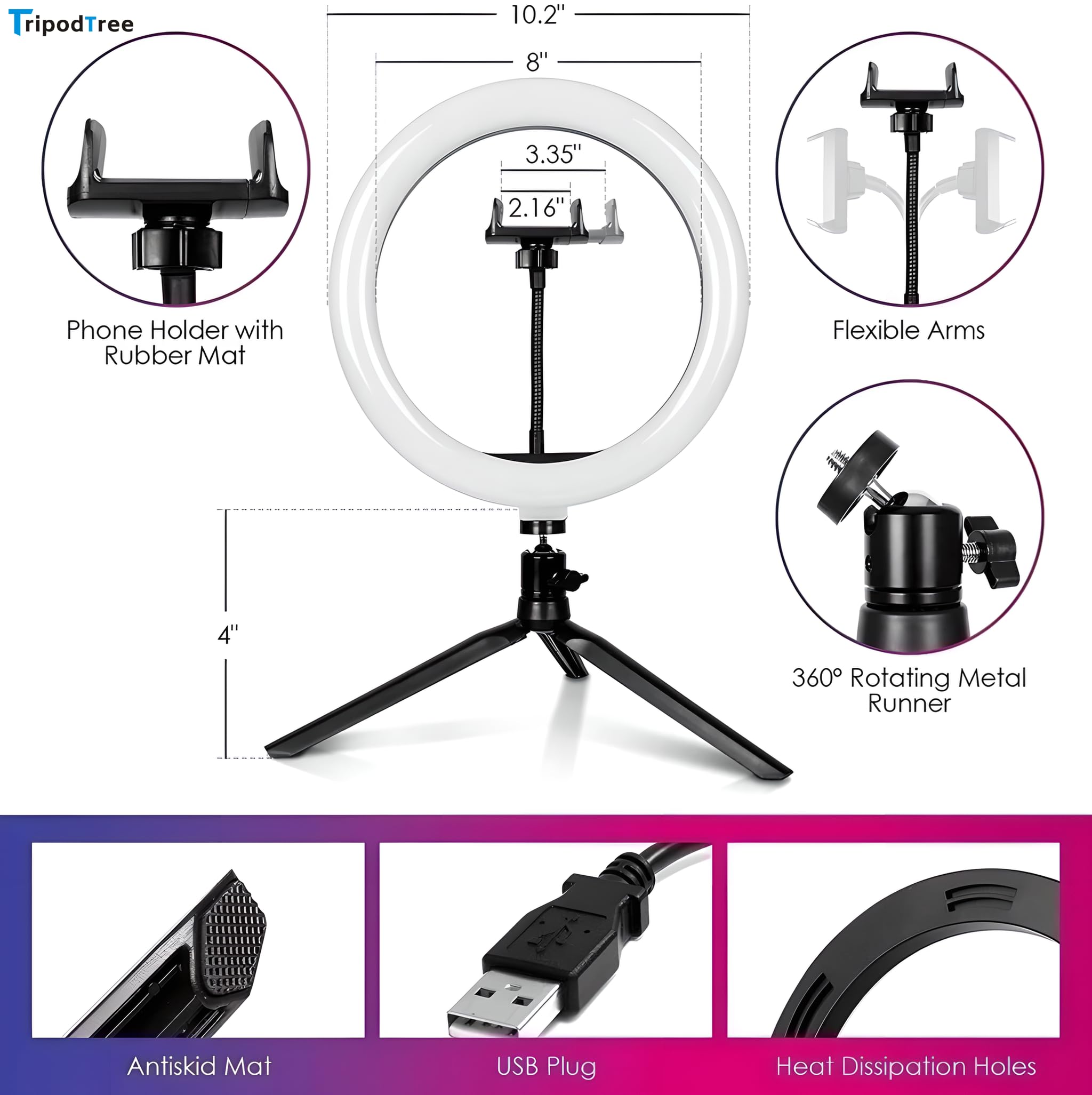 Tripodtree 10" Selfie Ring Light With 4" Desktop Tripod Stand & 1 Phone Holder, Led Ringlight With Dimmable Modes(Rgb) For Makeup/Photography/Videos/Vlog/Tiktok (Stdlr10-V2)