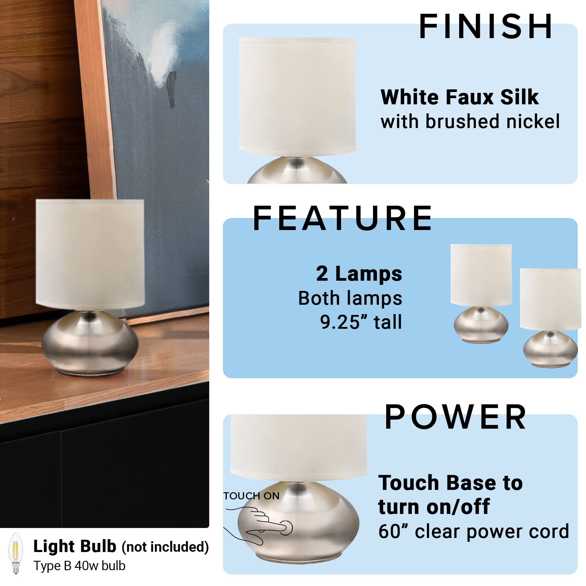 Catalina Lighting 21403-000 Transitional 2 Pack Matching Small Touch Table Lamp Set, 9.25", Brushed Nickel