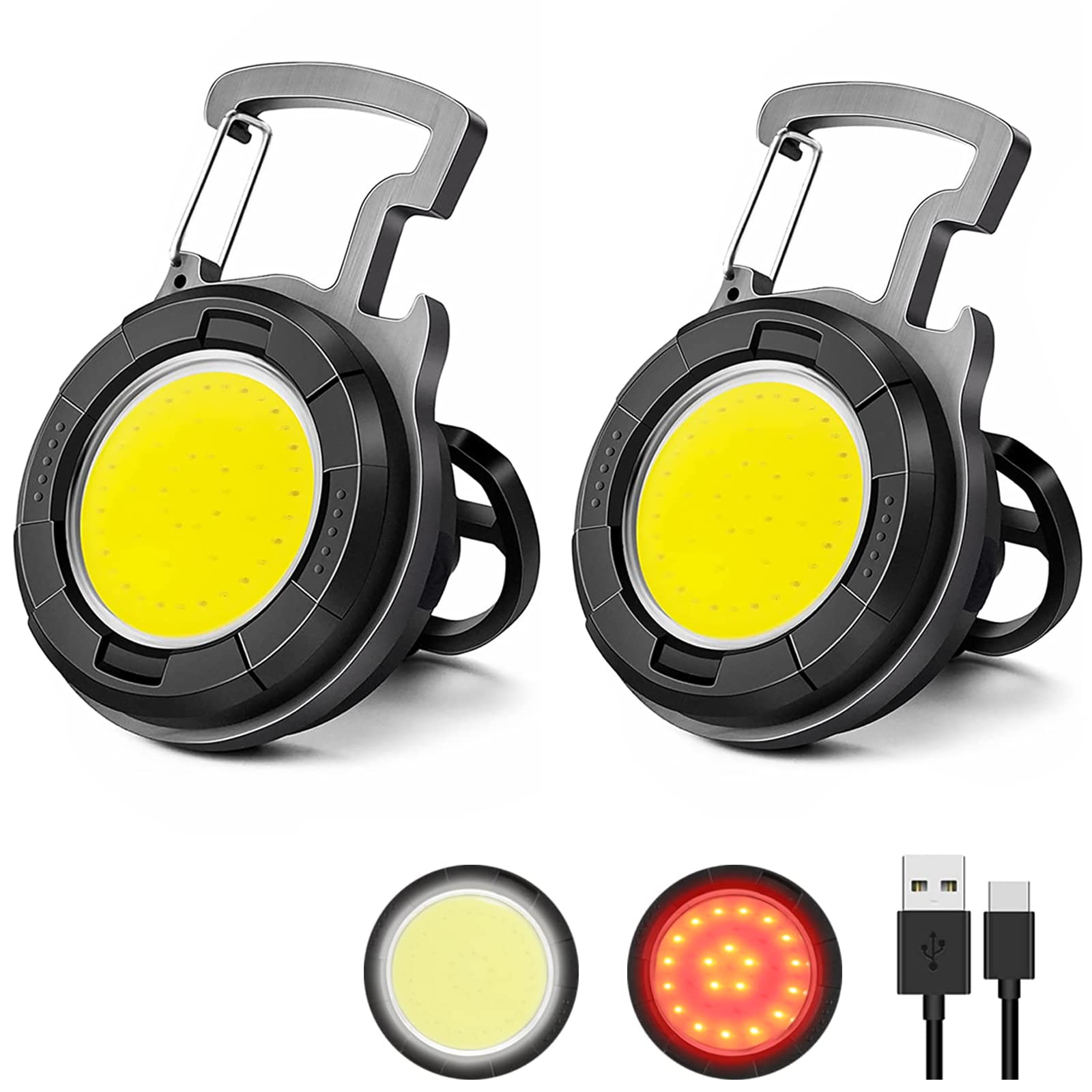 Sefone Keychain Flashlight 2 Pack, 1000 Lumens Edc Flashlight Cob Work Light, Bottle Opener Keychain Mini Pocket Flashlight With Magnet Bracket Folding For Biking Fishing Running