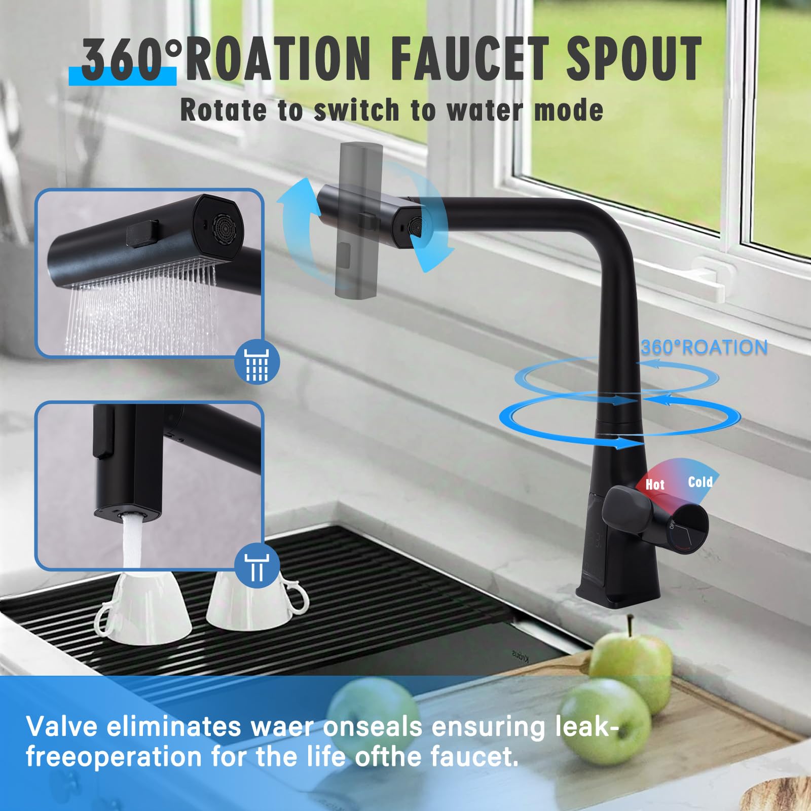 Hghbatth Black Waterfall Kitchen Sink Faucet With Led Temperature And Usage Time Display, Single Hole Kitchen Rain Faucet With Pull Down Sprayer, 3 Modes(Waterfall, Stream, Sweep) 360° Swivel -Matte Black